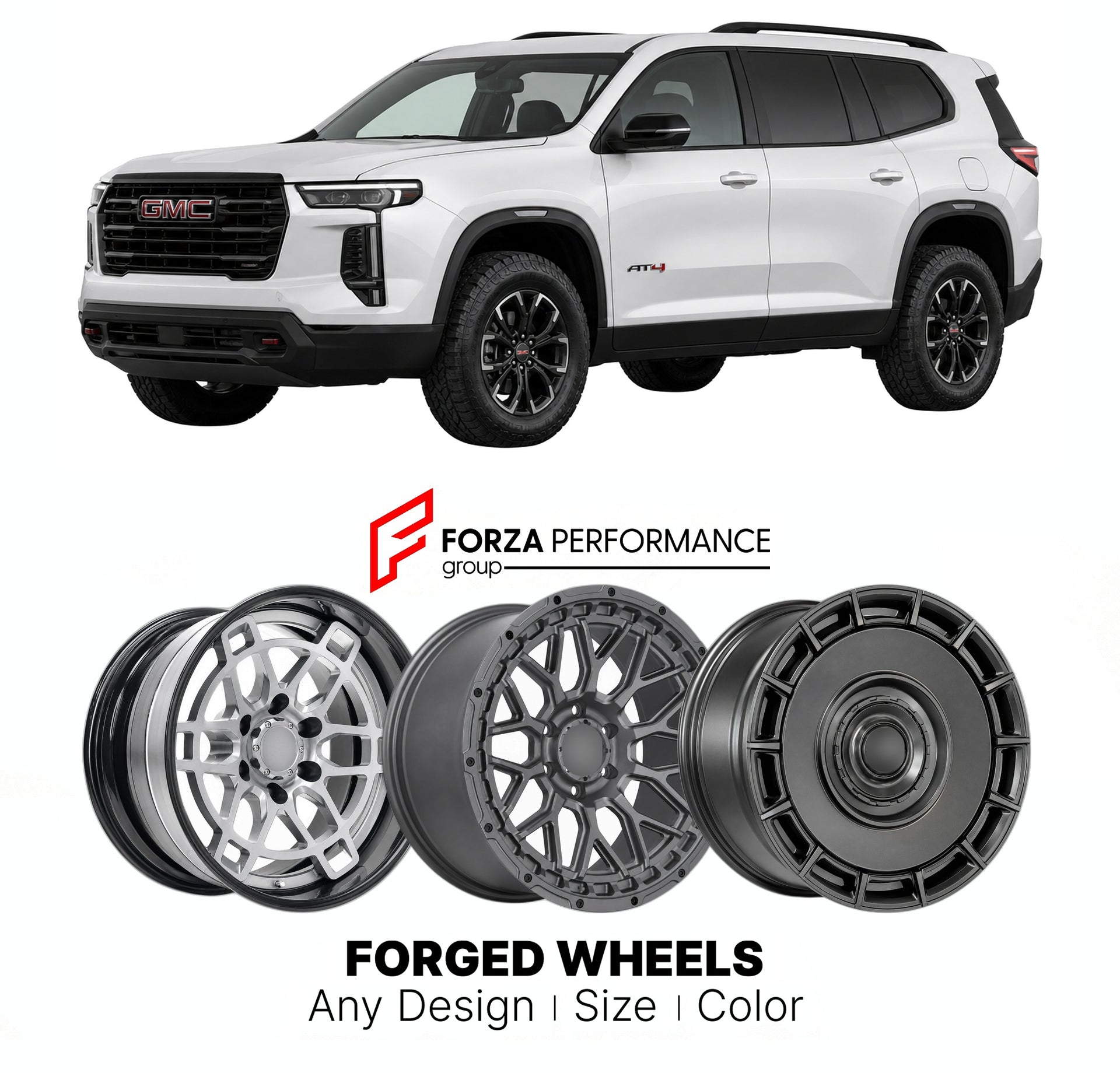 FORGED WHEELS RIMS for GMC ACADIA AT4 2007+

Custom forged wheels for GMC Acadia AT4 2007+. Made-to-order monoblock, 2-piece and 3-piece rims in custom sizes, offsets, colors and finishes with guaranteed fitment.

We manufacture premium quality forged wheels rims for GMC Acadia AT4 2007+ in any design, size, color.

THIS WHEEL DESIGN CAN BE CUSTOM-MADE FOR YOUR CAR IN ANY SIZE AND COLOR OPTIONS
Available in monoblock, 2-piece, 3-piece, duoblock, beadlock
3D wheel renderings are provided according to the exa