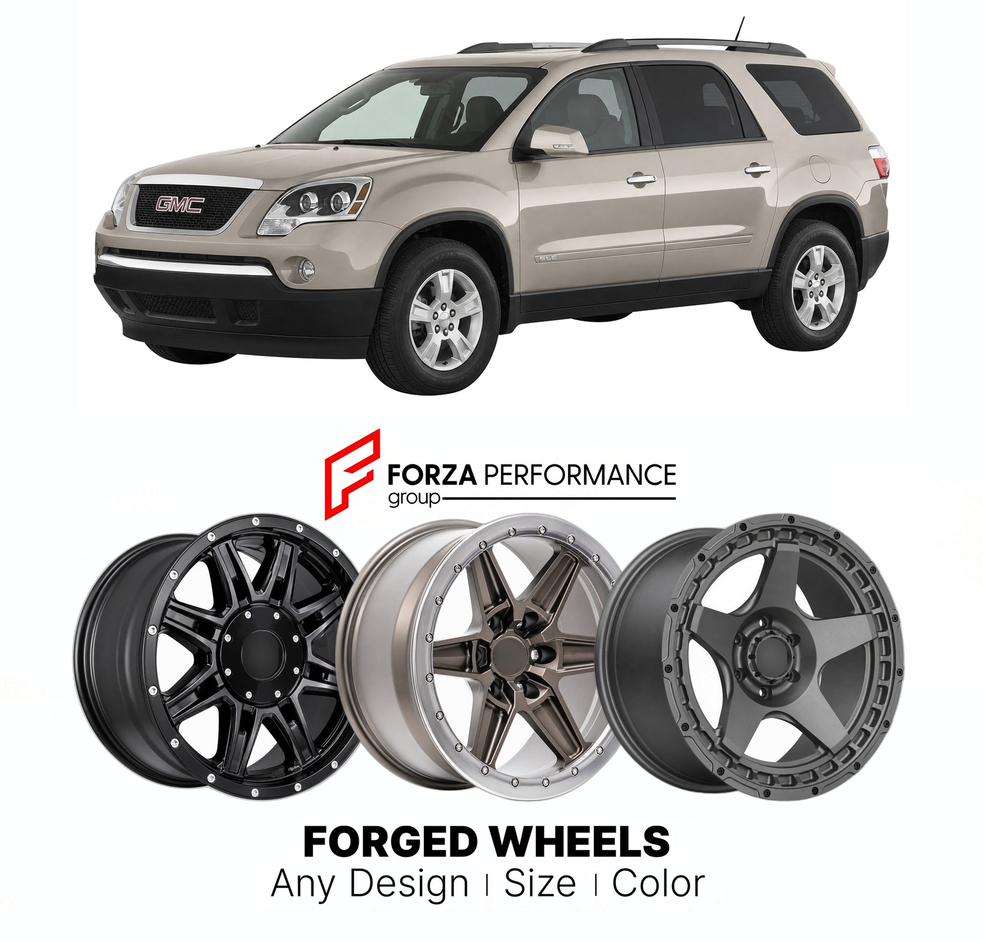 FORGED WHEELS RIMS for GMC ACADIA SLE 2007+

Custom forged wheels for GMC Acadia SLE 2007+. Made-to-order monoblock, 2-piece and 3-piece rims in custom sizes, offsets, colors and finishes with guaranteed fitment.

We manufacture premium quality forged wheels rims for GMC Acadia SLE 2007+ in any design, size, color.

THIS WHEEL DESIGN CAN BE CUSTOM-MADE FOR YOUR CAR IN ANY SIZE AND COLOR OPTIONS
Available in monoblock, 2-piece, 3-piece, duoblock, beadlock
3D wheel renderings are provided according to the exa