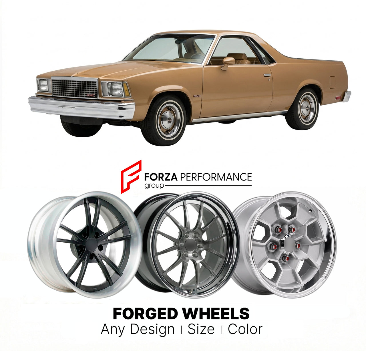 CUSTOM CLASSIC VINTAGE RESTOMOD RETRO OLD SCHOOL FORGED WHEELS RIMS for GMC CABALLERO 1978 - 1987
Custom forged wheels for classic American muscle cars. Ideal for restomod builds, vintage restorations, and show cars. Deep dish and retro styling available.

We manufacture premium quality forged wheels rims for GMC Caballero 1978 - 1987 in any design, size, color.

THIS WHEEL DESIGN CAN BE CUSTOM-MADE FOR YOUR CAR IN ANY SIZE AND COLOR OPTIONS
Available in monoblock, 2-piece, 3-piece, duoblock, beadlock
3D wh