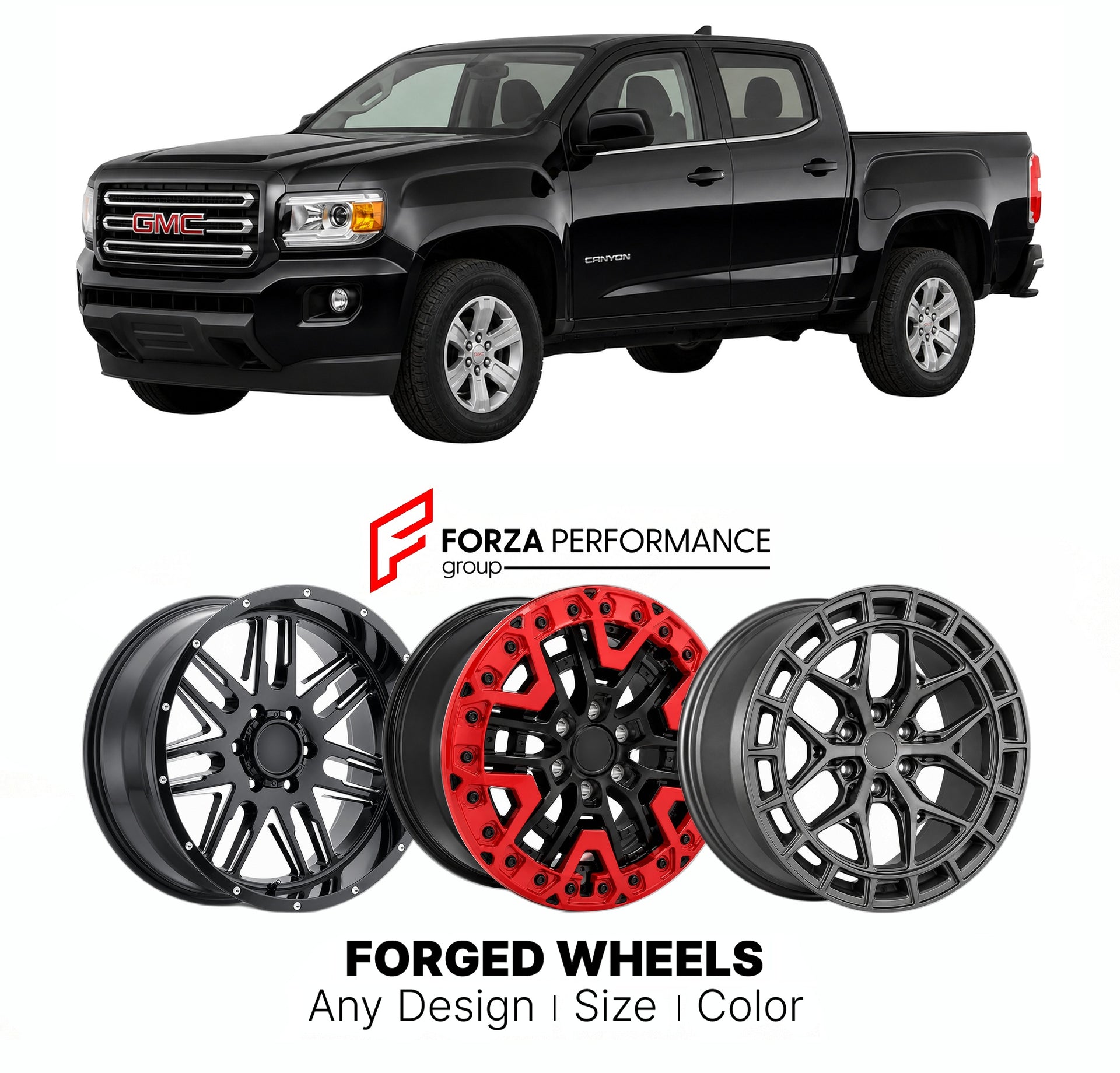 FORGED WHEELS RIMS for GMC CANYON 2015 - 2022

Custom forged wheels for GMC Canyon 2015 - 2022. Made-to-order monoblock, 2-piece and 3-piece rims in custom sizes, offsets, colors and finishes with guaranteed fitment.

We manufacture premium quality forged wheels rims for GMC Canyon 2015 - 2022 in any design, size, color.

THIS WHEEL DESIGN CAN BE CUSTOM-MADE FOR YOUR CAR IN ANY SIZE AND COLOR OPTIONS
Available in monoblock, 2-piece, 3-piece, duoblock, beadlock
3D wheel renderings are provided according to t