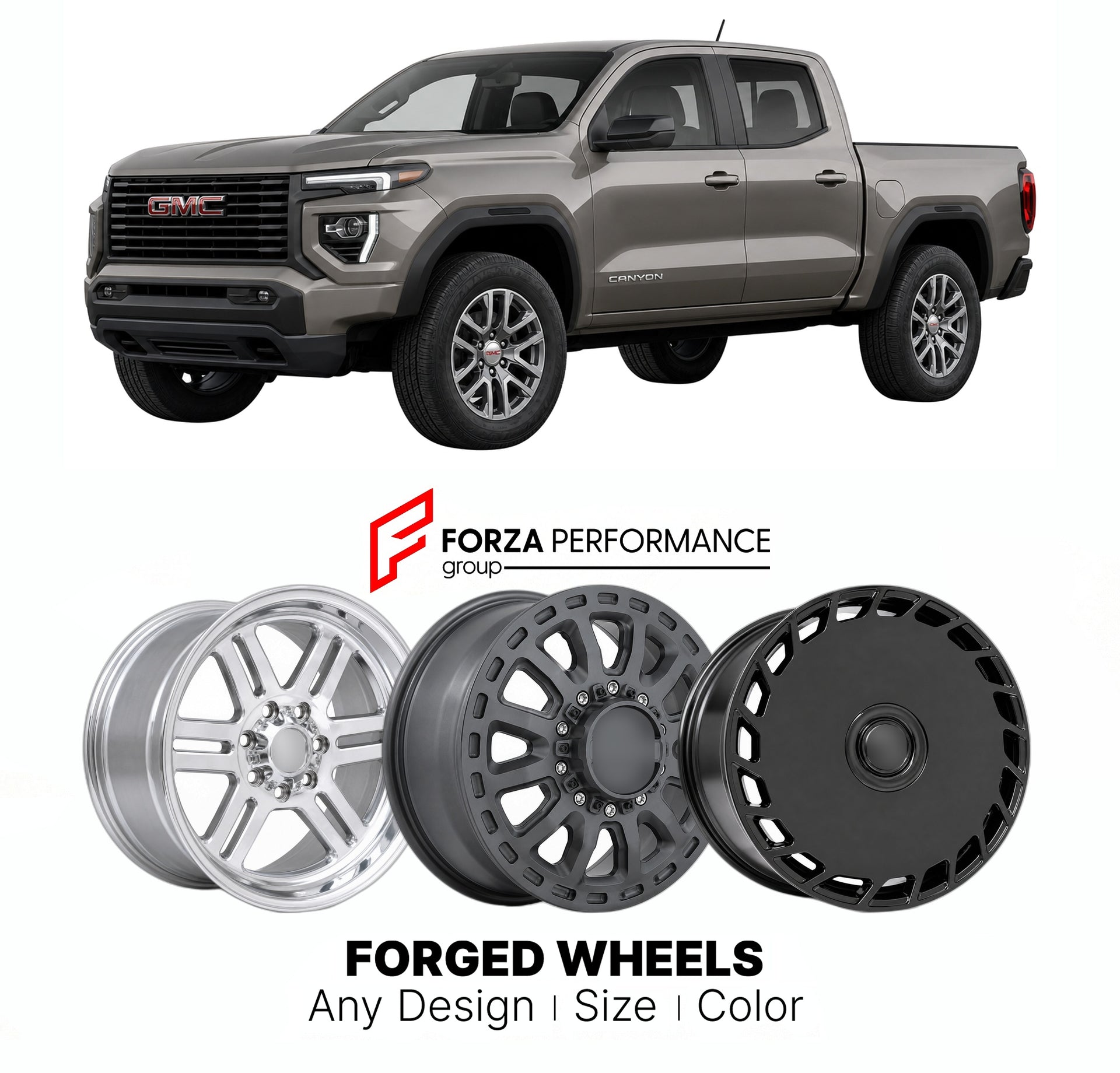 FORGED WHEELS RIMS for GMC CANYON 2023+

Custom forged wheels for GMC Canyon 2023+. Made-to-order monoblock, 2-piece and 3-piece rims in custom sizes, offsets, colors and finishes with guaranteed fitment.

We manufacture premium quality forged wheels rims for GMC Canyon 2023+ in any design, size, color.

THIS WHEEL DESIGN CAN BE CUSTOM-MADE FOR YOUR CAR IN ANY SIZE AND COLOR OPTIONS
Available in monoblock, 2-piece, 3-piece, duoblock, beadlock
3D wheel renderings are provided according to the exact dimension