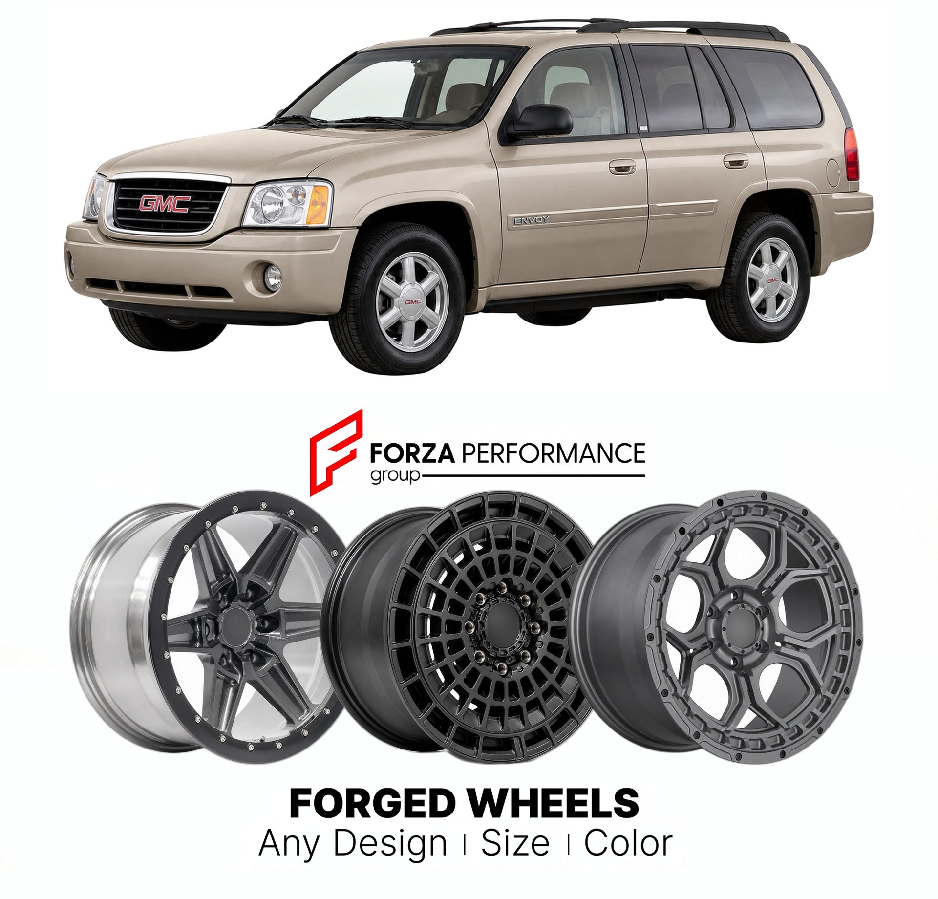 FORGED WHEELS RIMS for GMC ENVOY 2002 - 2009

Custom forged wheels for GMC Envoy 2002 - 2009. Made-to-order monoblock, 2-piece and 3-piece rims in custom sizes, offsets, colors and finishes with guaranteed fitment.

We manufacture premium quality forged wheels rims for GMC Envoy 2002 - 2009 in any design, size, color.

THIS WHEEL DESIGN CAN BE CUSTOM-MADE FOR YOUR CAR IN ANY SIZE AND COLOR OPTIONS
Available in monoblock, 2-piece, 3-piece, duoblock, beadlock
3D wheel renderings are provided according to the 