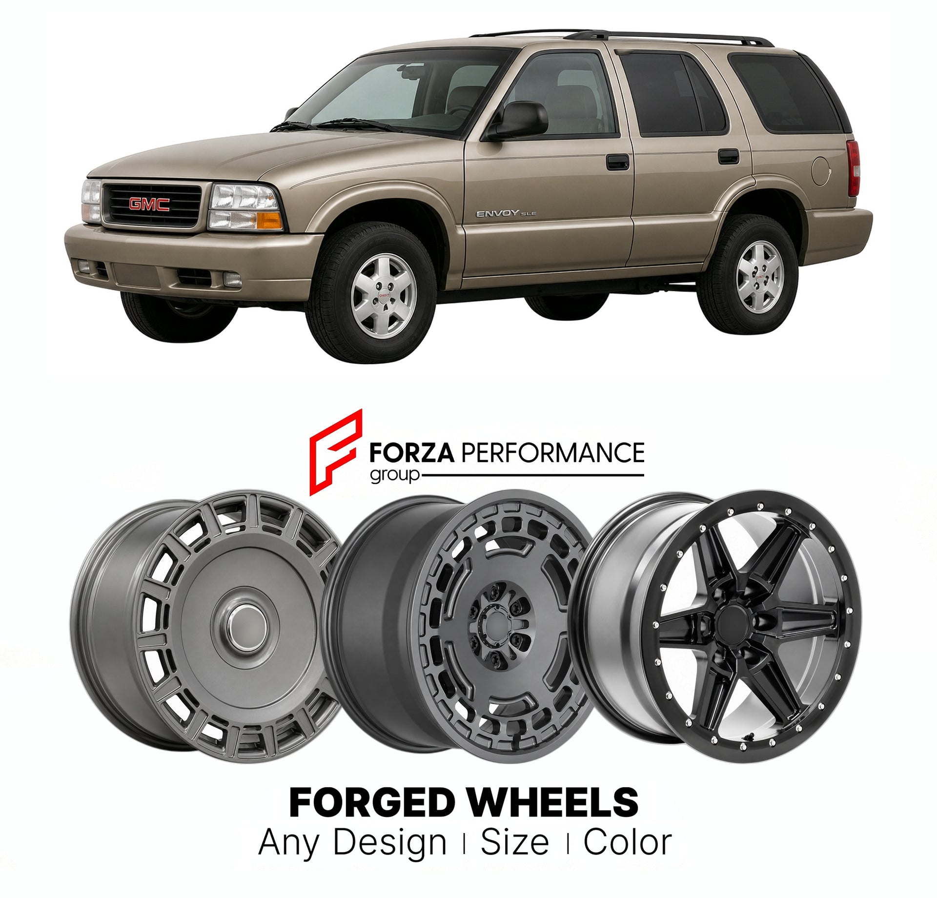 FORGED WHEELS RIMS for GMC ENVOY SLE GMT360 1998 - 2009

Custom forged wheels for GMC Envoy SLE GMT360 1998 - 2009. Made-to-order monoblock, 2-piece and 3-piece rims in custom sizes, offsets, colors and finishes with guaranteed fitment.

We manufacture premium quality forged wheels rims for GMC Envoy SLE GMT360 1998 - 2009 in any design, size, color.

THIS WHEEL DESIGN CAN BE CUSTOM-MADE FOR YOUR CAR IN ANY SIZE AND COLOR OPTIONS
Available in monoblock, 2-piece, 3-piece, duoblock, beadlock
3D wheel renderin