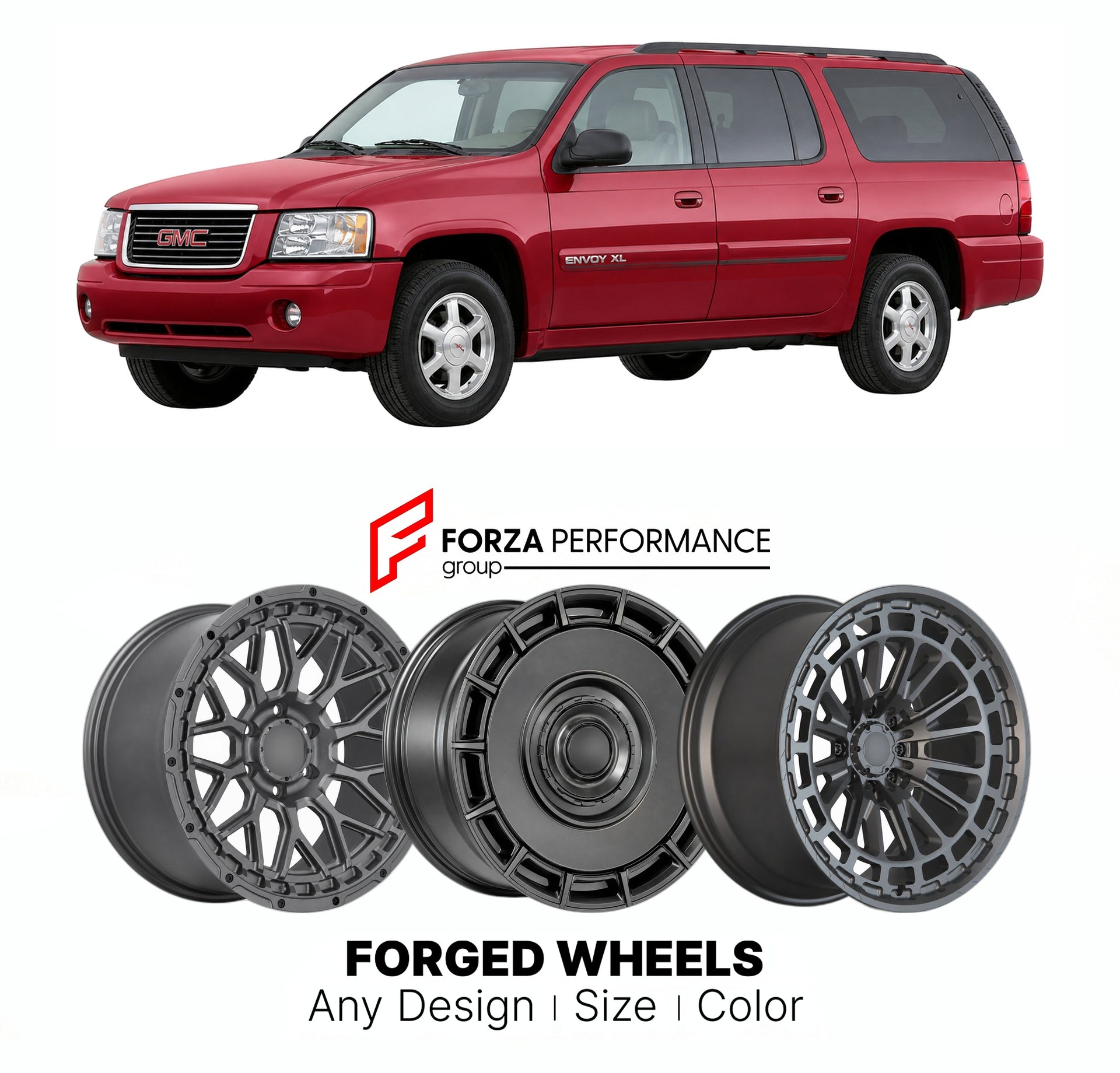 FORGED WHEELS RIMS for GMC ENVOY XL GMT360 1998 - 2009

Custom forged wheels for GMC Envoy XL GMT360 1998 - 2009. Made-to-order monoblock, 2-piece and 3-piece rims in custom sizes, offsets, colors and finishes with guaranteed fitment.

We manufacture premium quality forged wheels rims for GMC Envoy XL GMT360 1998 - 2009 in any design, size, color.

THIS WHEEL DESIGN CAN BE CUSTOM-MADE FOR YOUR CAR IN ANY SIZE AND COLOR OPTIONS
Available in monoblock, 2-piece, 3-piece, duoblock, beadlock
3D wheel renderings 