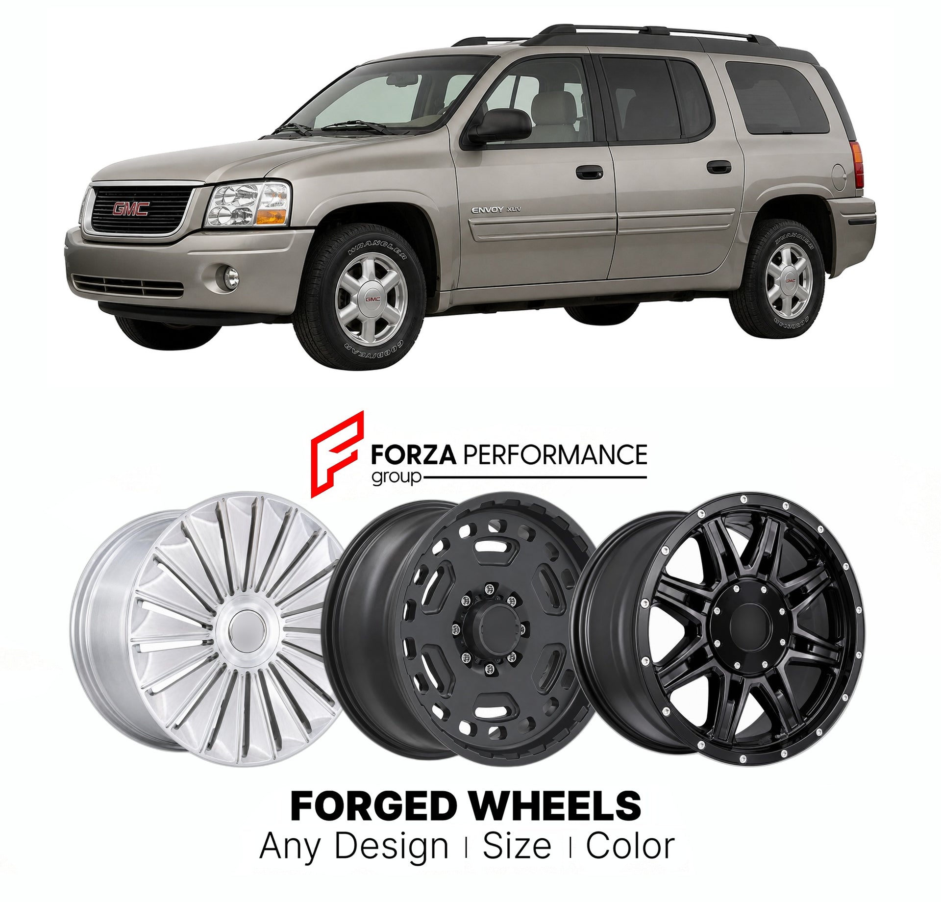 FORGED WHEELS RIMS for GMC ENVOY XUV GMT360 1998 - 2009

Custom forged wheels for GMC Envoy XUV GMT360 1998 - 2009. Made-to-order monoblock, 2-piece and 3-piece rims in custom sizes, offsets, colors and finishes with guaranteed fitment.

We manufacture premium quality forged wheels rims for GMC Envoy XUV GMT360 1998 - 2009 in any design, size, color.

THIS WHEEL DESIGN CAN BE CUSTOM-MADE FOR YOUR CAR IN ANY SIZE AND COLOR OPTIONS
Available in monoblock, 2-piece, 3-piece, duoblock, beadlock
3D wheel renderin