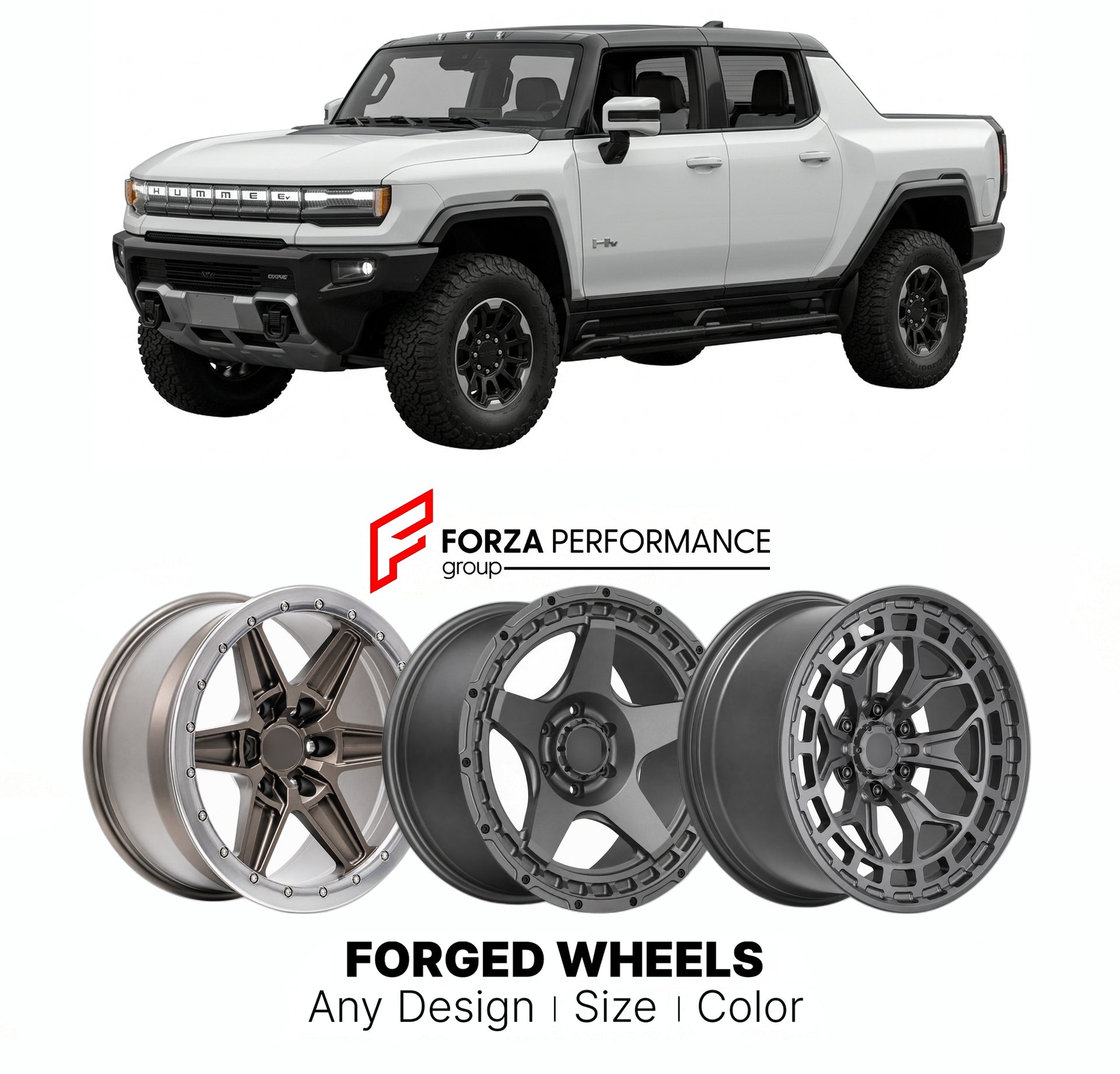 FORGED WHEELS RIMS for GMC HUMMER EV 2022 - 2024

Custom forged wheels for GMC Hummer EV 2022 - 2024. Made-to-order monoblock, 2-piece and 3-piece rims in custom sizes, offsets, colors and finishes with guaranteed fitment.

We manufacture premium quality forged wheels rims for GMC Hummer EV 2022 - 2024 in any design, size, color.

THIS WHEEL DESIGN CAN BE CUSTOM-MADE FOR YOUR CAR IN ANY SIZE AND COLOR OPTIONS
Available in monoblock, 2-piece, 3-piece, duoblock, beadlock
3D wheel renderings are provided accor