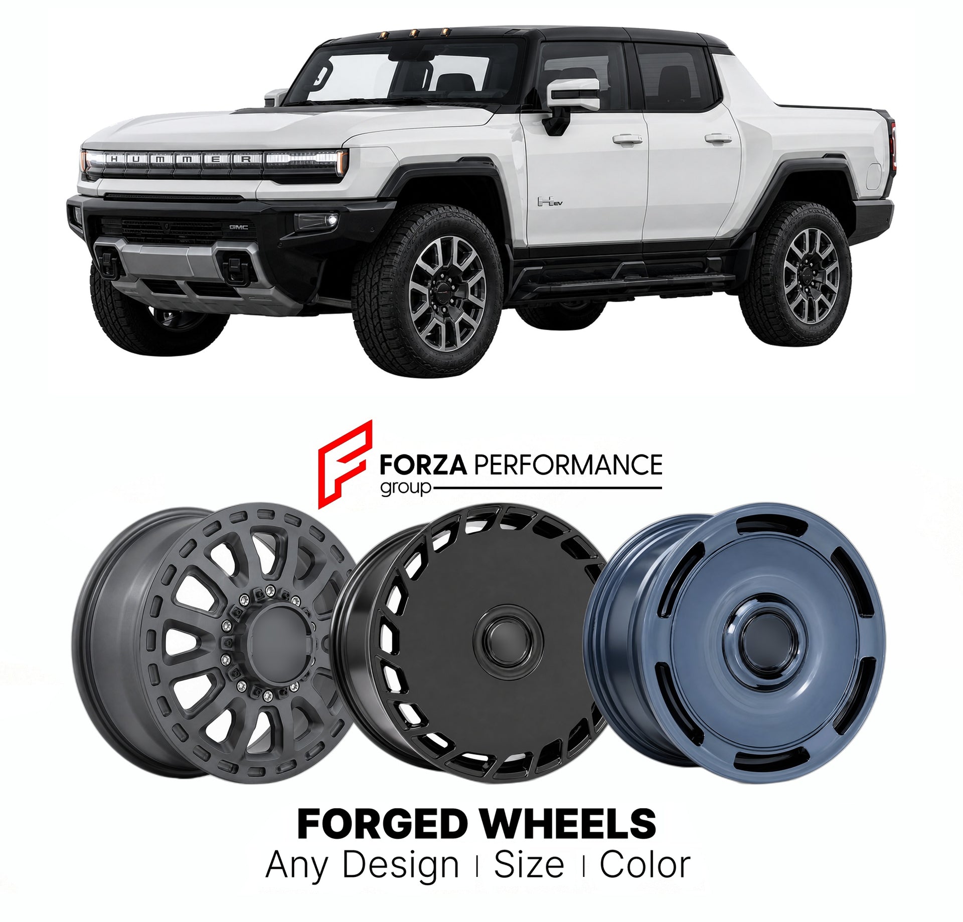 FORGED WHEELS RIMS for GMC HUMMER EV PICKUP 3X 2022+

Custom forged wheels for GMC Hummer EV Pickup 3X 2022+. Made-to-order monoblock, 2-piece and 3-piece rims in custom sizes, offsets, colors and finishes with guaranteed fitment.

We manufacture premium quality forged wheels rims for GMC Hummer EV Pickup 3X 2022+ in any design, size, color.

THIS WHEEL DESIGN CAN BE CUSTOM-MADE FOR YOUR CAR IN ANY SIZE AND COLOR OPTIONS
Available in monoblock, 2-piece, 3-piece, duoblock, beadlock
3D wheel renderings are pr