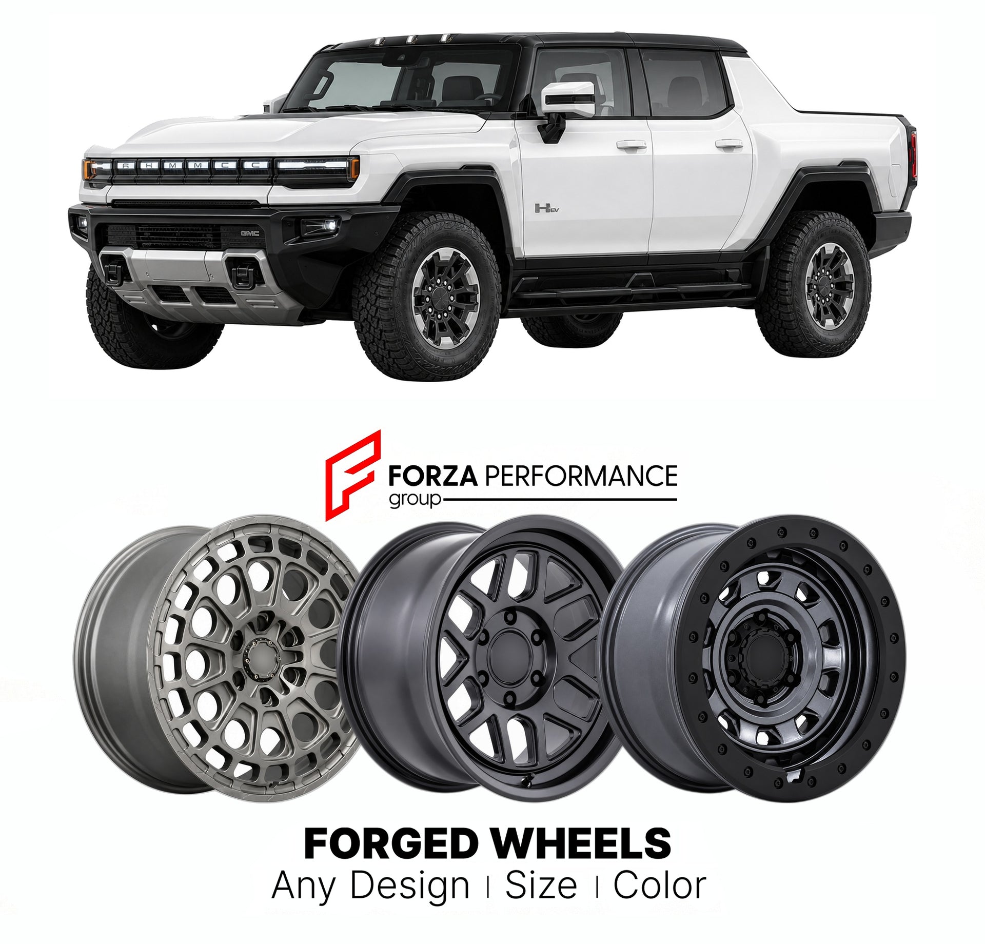 FORGED WHEELS RIMS for GMC HUMMER EV PICKUP EDITION 1 2022+

Custom forged wheels for GMC Hummer EV Pickup Edition 1 2022+. Made-to-order monoblock, 2-piece and 3-piece rims in custom sizes, offsets, colors and finishes with guaranteed fitment.

We manufacture premium quality forged wheels rims for GMC Hummer EV Pickup Edition 1 2022+ in any design, size, color.

THIS WHEEL DESIGN CAN BE CUSTOM-MADE FOR YOUR CAR IN ANY SIZE AND COLOR OPTIONS
Available in monoblock, 2-piece, 3-piece, duoblock, beadlock
3D wh
