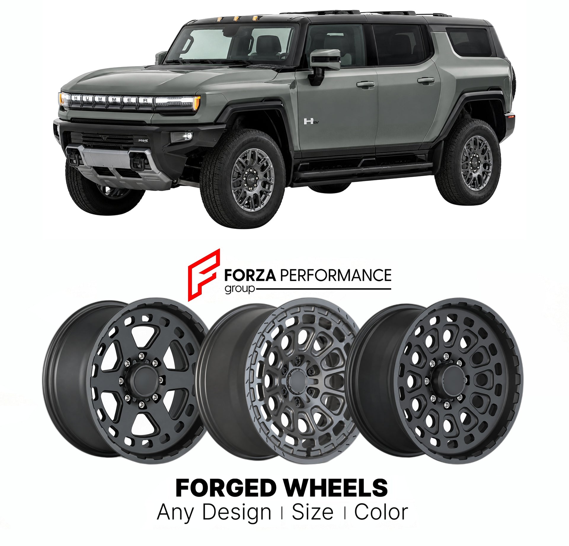 FORGED WHEELS RIMS for GMC HUMMER EV SUV 2024+

Custom forged wheels for GMC Hummer EV SUV 2024+. Made-to-order monoblock, 2-piece and 3-piece rims in custom sizes, offsets, colors and finishes with guaranteed fitment.

We manufacture premium quality forged wheels rims for GMC Hummer EV SUV 2024+ in any design, size, color.

THIS WHEEL DESIGN CAN BE CUSTOM-MADE FOR YOUR CAR IN ANY SIZE AND COLOR OPTIONS
Available in monoblock, 2-piece, 3-piece, duoblock, beadlock
3D wheel renderings are provided according t