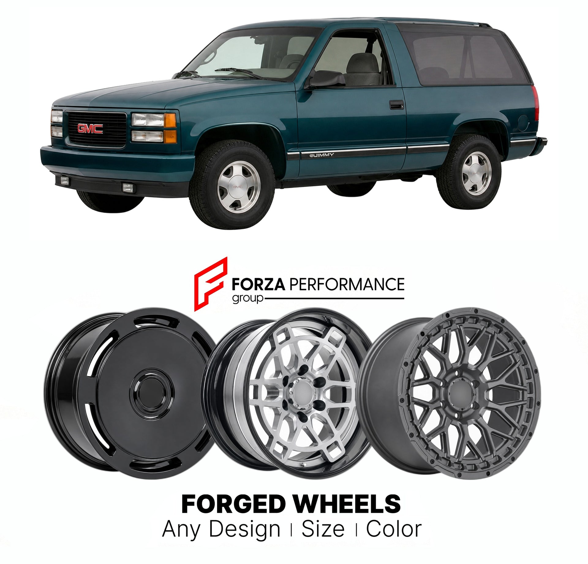 FORGED WHEELS RIMS for GMC JIMMY 2-DOOR 1995 - 2001

Custom forged wheels for GMC Jimmy 2-Door 1995 - 2001. Made-to-order monoblock, 2-piece and 3-piece rims in custom sizes, offsets, colors and finishes with guaranteed fitment.

We manufacture premium quality forged wheels rims for GMC Jimmy 2-Door 1995 - 2001 in any design, size, color.

THIS WHEEL DESIGN CAN BE CUSTOM-MADE FOR YOUR CAR IN ANY SIZE AND COLOR OPTIONS
Available in monoblock, 2-piece, 3-piece, duoblock, beadlock
3D wheel renderings are provi