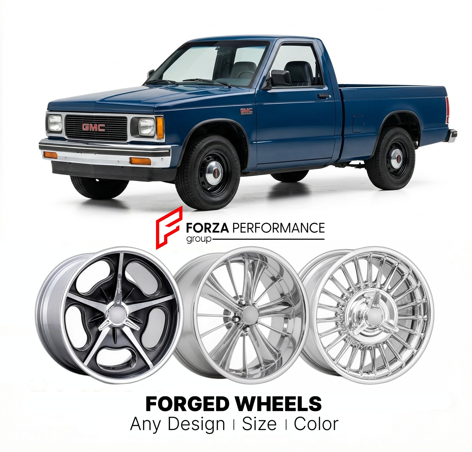 CUSTOM CLASSIC VINTAGE RESTOMOD RETRO OLD SCHOOL FORGED WHEELS RIMS for GMC S-10 1982 - 1990
Custom forged wheels for classic American muscle cars. Ideal for restomod builds, vintage restorations, and show cars. Deep dish and retro styling available.

We manufacture premium quality forged wheels rims for GMC S-10 1982 - 1990 in any design, size, color.

THIS WHEEL DESIGN CAN BE CUSTOM-MADE FOR YOUR CAR IN ANY SIZE AND COLOR OPTIONS
Available in monoblock, 2-piece, 3-piece, duoblock, beadlock
3D wheel render