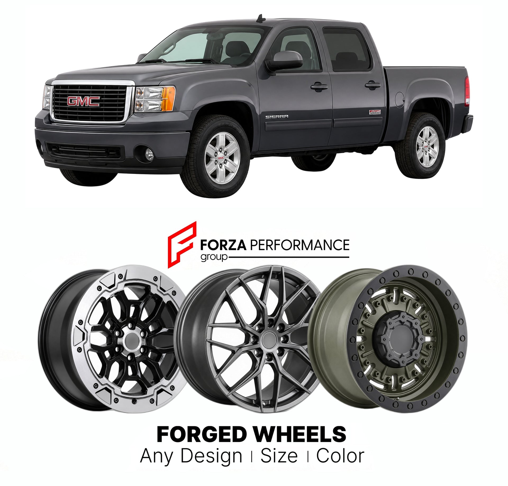 FORGED WHEELS RIMS for GMC SIERRA 1500 ALL TERRAIN GMT900 2007 - 2013

Custom forged wheels for GMC Sierra 1500 All Terrain GMT900 2007 - 2013. Made-to-order monoblock, 2-piece and 3-piece rims in custom sizes, offsets, colors and finishes with guaranteed fitment.

We manufacture premium quality forged wheels rims for GMC Sierra 1500 All Terrain GMT900 2007 - 2013 in any design, size, color.

THIS WHEEL DESIGN CAN BE CUSTOM-MADE FOR YOUR CAR IN ANY SIZE AND COLOR OPTIONS
Available in monoblock, 2-piece, 3-p