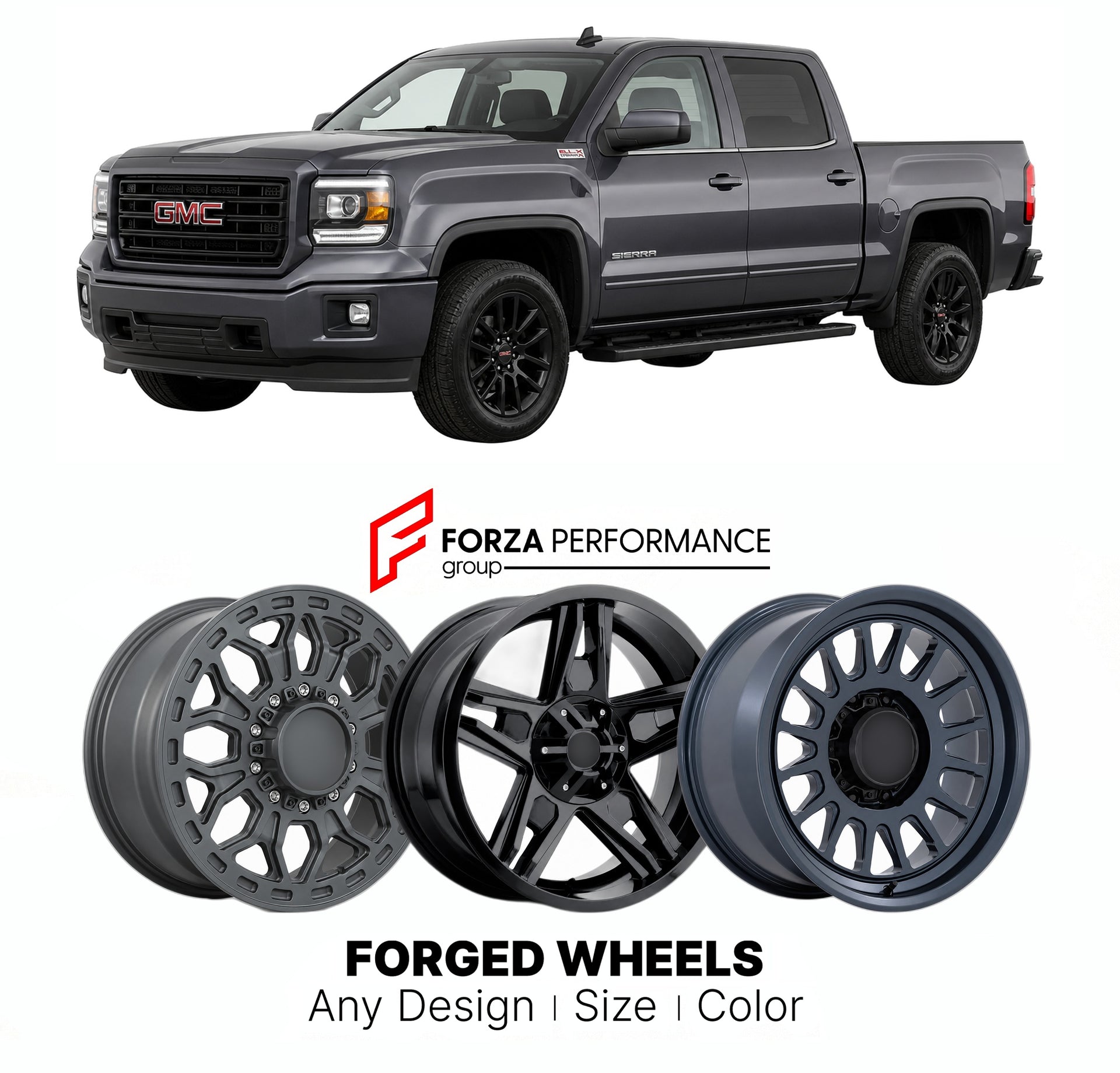 FORGED WHEELS RIMS for GMC SIERRA 1500 ALL TERRAIN X K2XX 2014 - 2018

Custom forged wheels for GMC Sierra 1500 All Terrain X K2XX 2014 - 2018. Made-to-order monoblock, 2-piece and 3-piece rims in custom sizes, offsets, colors and finishes with guaranteed fitment.

We manufacture premium quality forged wheels rims for GMC Sierra 1500 All Terrain X K2XX 2014 - 2018 in any design, size, color.

THIS WHEEL DESIGN CAN BE CUSTOM-MADE FOR YOUR CAR IN ANY SIZE AND COLOR OPTIONS
Available in monoblock, 2-piece, 3-p