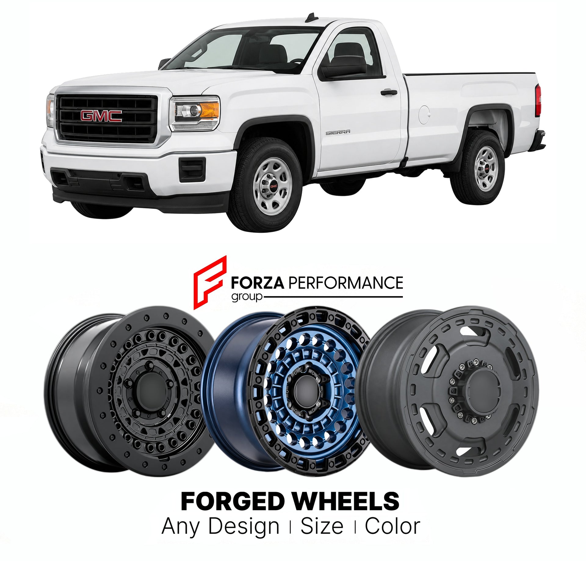 FORGED WHEELS RIMS for GMC SIERRA 1500 BASE K2XX 2014 - 2018

Custom forged wheels for GMC Sierra 1500 Base K2XX 2014 - 2018. Made-to-order monoblock, 2-piece and 3-piece rims in custom sizes, offsets, colors and finishes with guaranteed fitment.

We manufacture premium quality forged wheels rims for GMC Sierra 1500 Base K2XX 2014 - 2018 in any design, size, color.

THIS WHEEL DESIGN CAN BE CUSTOM-MADE FOR YOUR CAR IN ANY SIZE AND COLOR OPTIONS
Available in monoblock, 2-piece, 3-piece, duoblock, beadlock
3D