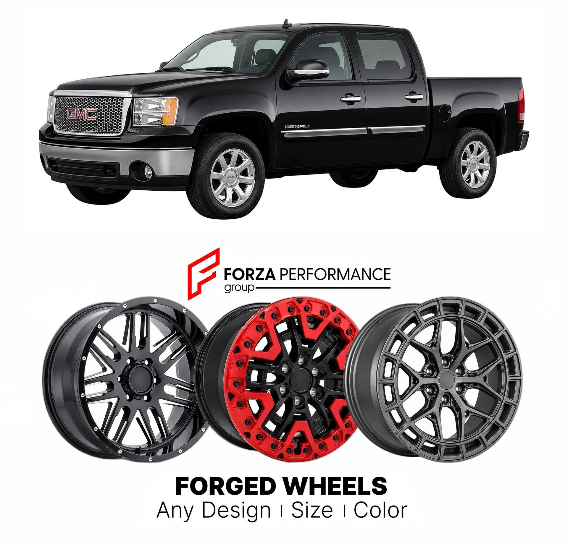 FORGED WHEELS RIMS for GMC SIERRA 1500 DENALI GMT900 2007 - 2013

Custom forged wheels for GMC Sierra 1500 Denali GMT900 2007 - 2013. Made-to-order monoblock, 2-piece and 3-piece rims in custom sizes, offsets, colors and finishes with guaranteed fitment.

We manufacture premium quality forged wheels rims for GMC Sierra 1500 Denali GMT900 2007 - 2013 in any design, size, color.

THIS WHEEL DESIGN CAN BE CUSTOM-MADE FOR YOUR CAR IN ANY SIZE AND COLOR OPTIONS
Available in monoblock, 2-piece, 3-piece, duoblock,