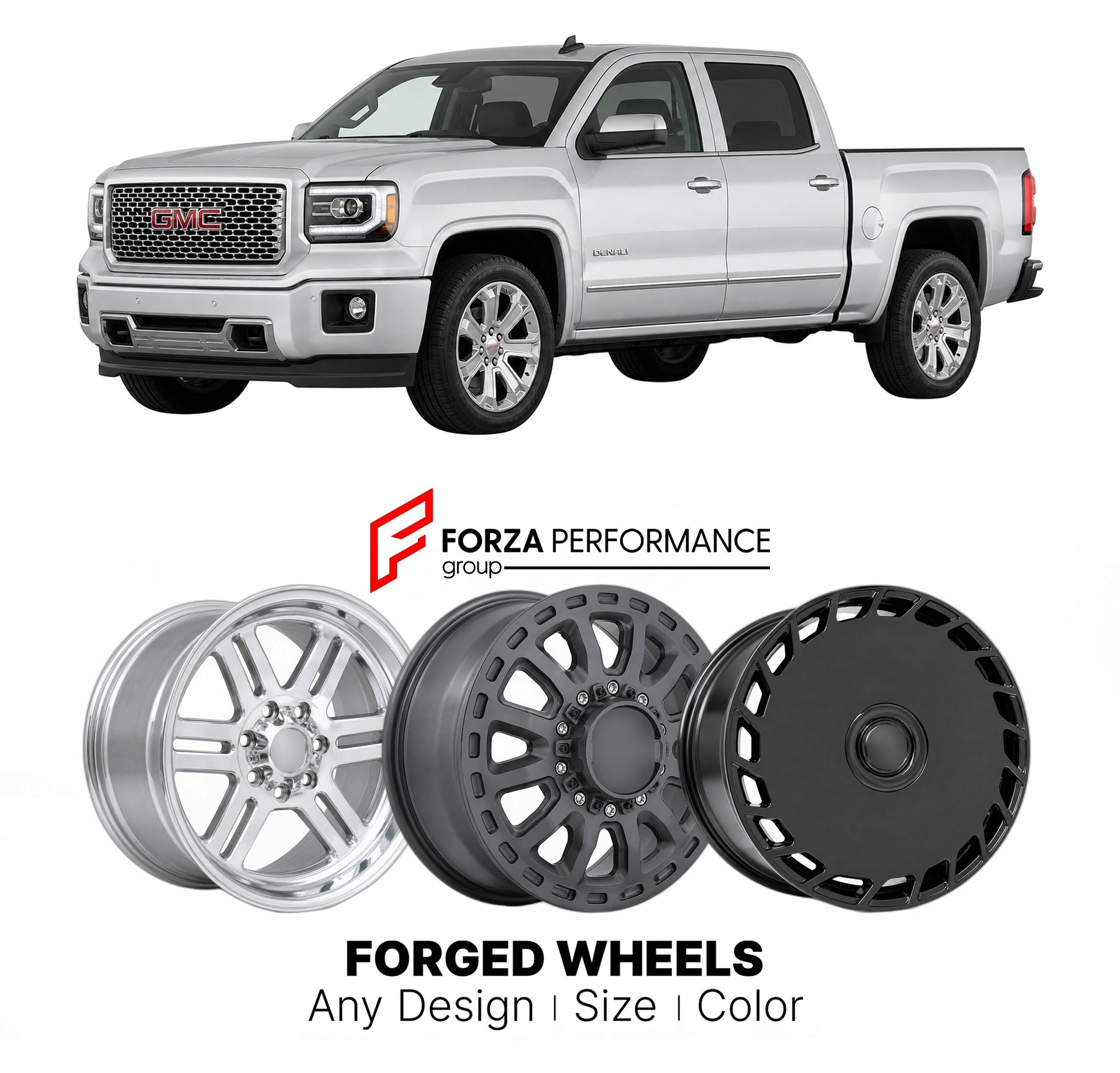 FORGED WHEELS RIMS for GMC SIERRA 1500 DENALI K2XX 2014 - 2018

Custom forged wheels for GMC Sierra 1500 Denali K2XX 2014 - 2018. Made-to-order monoblock, 2-piece and 3-piece rims in custom sizes, offsets, colors and finishes with guaranteed fitment.

We manufacture premium quality forged wheels rims for GMC Sierra 1500 Denali K2XX 2014 - 2018 in any design, size, color.

THIS WHEEL DESIGN CAN BE CUSTOM-MADE FOR YOUR CAR IN ANY SIZE AND COLOR OPTIONS
Available in monoblock, 2-piece, 3-piece, duoblock, beadl