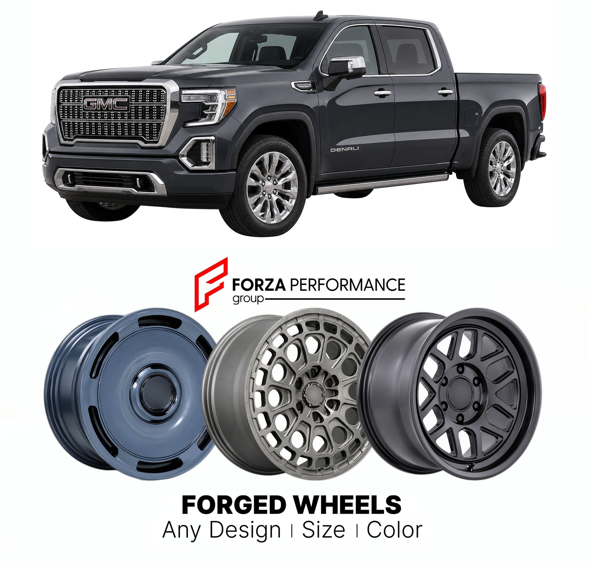 FORGED WHEELS RIMS for GMC SIERRA 1500 DENALI T1XX 2019+

Custom forged wheels for GMC Sierra 1500 Denali T1XX 2019+. Made-to-order monoblock, 2-piece and 3-piece rims in custom sizes, offsets, colors and finishes with guaranteed fitment.

We manufacture premium quality forged wheels rims for GMC Sierra 1500 Denali T1XX 2019+ in any design, size, color.

THIS WHEEL DESIGN CAN BE CUSTOM-MADE FOR YOUR CAR IN ANY SIZE AND COLOR OPTIONS
Available in monoblock, 2-piece, 3-piece, duoblock, beadlock
3D wheel rende