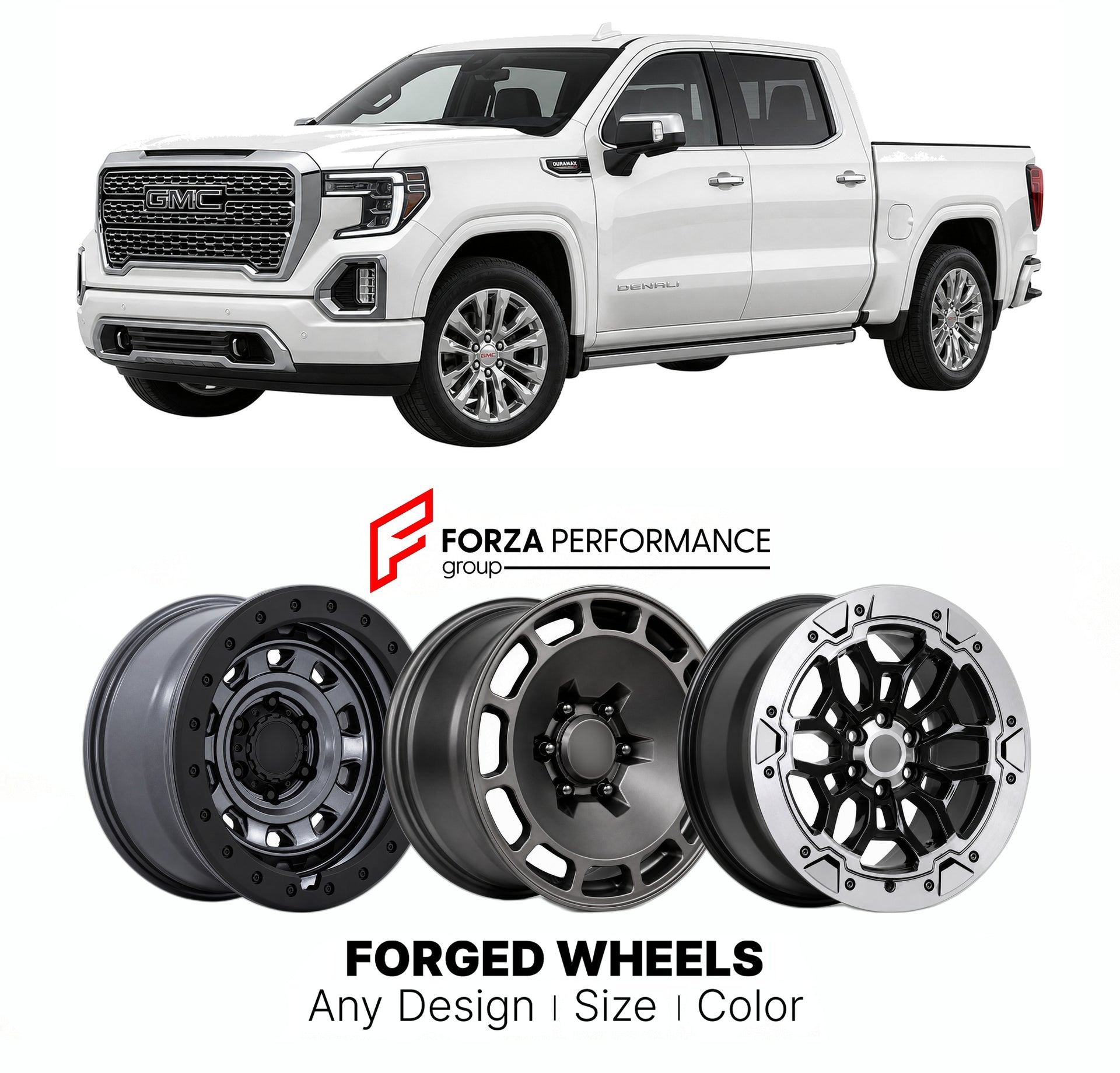 FORGED WHEELS RIMS for GMC SIERRA 1500 DENALI ULTIMATE T1XX 2019+

Custom forged wheels for GMC Sierra 1500 Denali Ultimate T1XX 2019+. Made-to-order monoblock, 2-piece and 3-piece rims in custom sizes, offsets, colors and finishes with guaranteed fitment.

We manufacture premium quality forged wheels rims for GMC Sierra 1500 Denali Ultimate T1XX 2019+ in any design, size, color.

THIS WHEEL DESIGN CAN BE CUSTOM-MADE FOR YOUR CAR IN ANY SIZE AND COLOR OPTIONS
Available in monoblock, 2-piece, 3-piece, duoblo