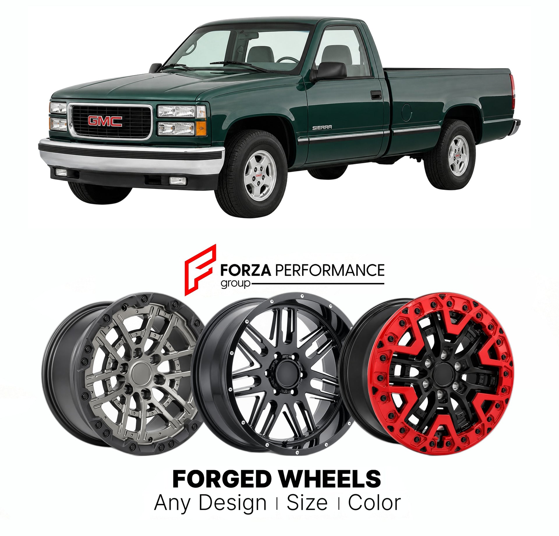 FORGED WHEELS RIMS for GMC SIERRA 1500 GMT800 1999 - 2006

Custom forged wheels for GMC Sierra 1500 GMT800 1999 - 2006. Made-to-order monoblock, 2-piece and 3-piece rims in custom sizes, offsets, colors and finishes with guaranteed fitment.

We manufacture premium quality forged wheels rims for GMC Sierra 1500 GMT800 1999 - 2006 in any design, size, color.

THIS WHEEL DESIGN CAN BE CUSTOM-MADE FOR YOUR CAR IN ANY SIZE AND COLOR OPTIONS
Available in monoblock, 2-piece, 3-piece, duoblock, beadlock
3D wheel re