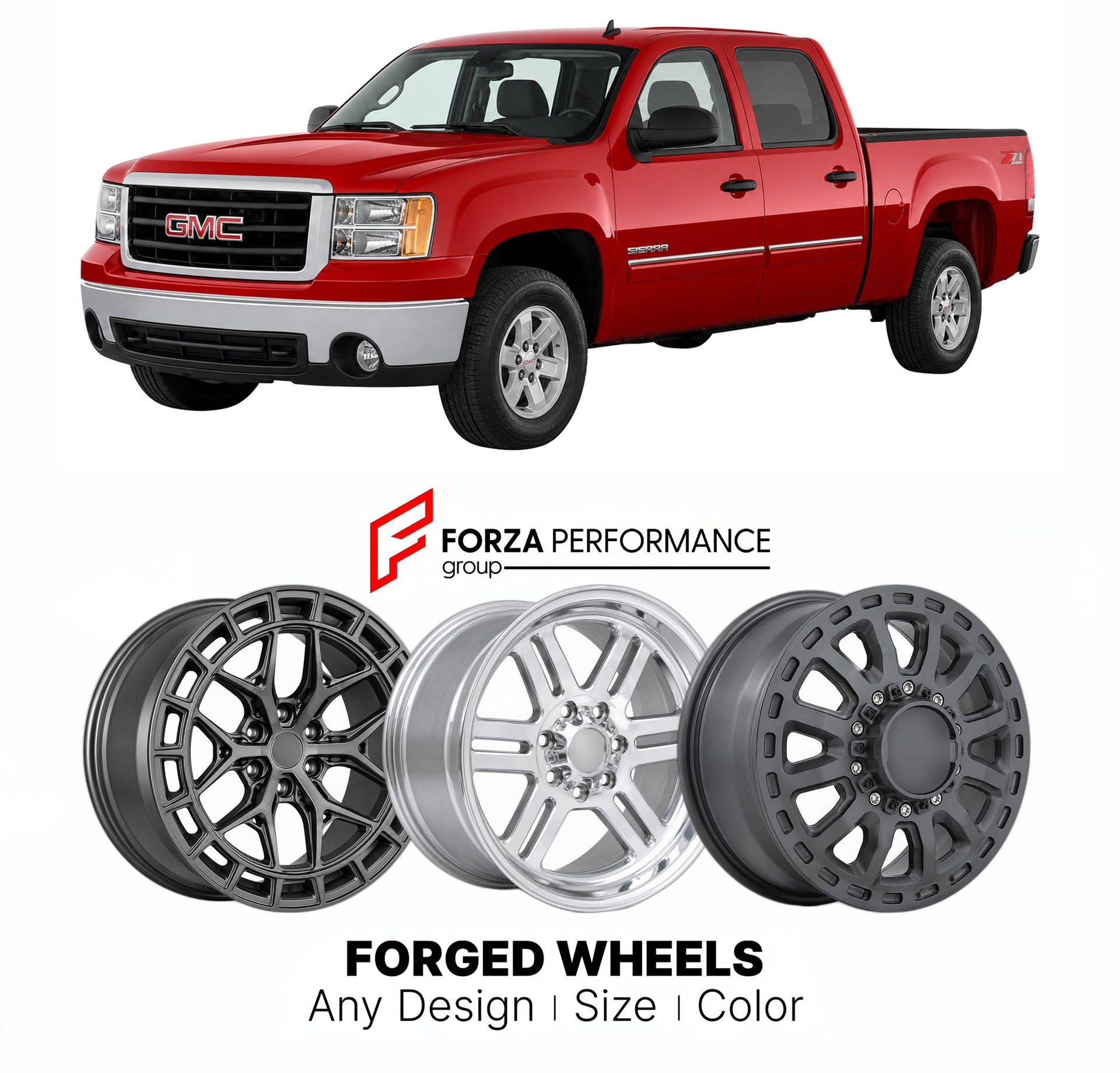 FORGED WHEELS RIMS for GMC SIERRA 1500 GMT900 2007 - 2013

Custom forged wheels for GMC Sierra 1500 GMT900 2007 - 2013. Made-to-order monoblock, 2-piece and 3-piece rims in custom sizes, offsets, colors and finishes with guaranteed fitment.

We manufacture premium quality forged wheels rims for GMC Sierra 1500 GMT900 2007 - 2013 in any design, size, color.

THIS WHEEL DESIGN CAN BE CUSTOM-MADE FOR YOUR CAR IN ANY SIZE AND COLOR OPTIONS
Available in monoblock, 2-piece, 3-piece, duoblock, beadlock
3D wheel re