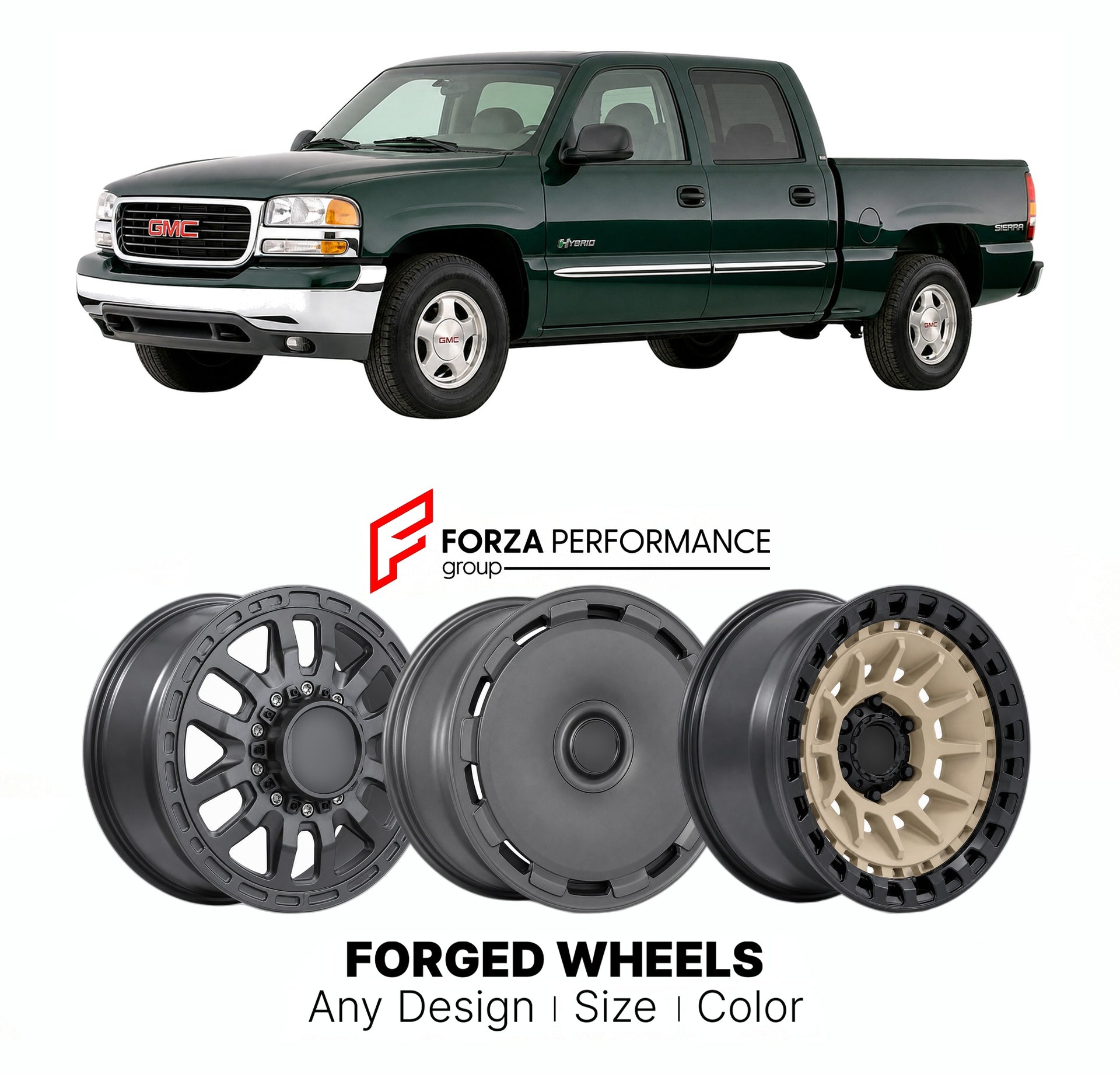 FORGED WHEELS RIMS for GMC SIERRA 1500 HYBRID GMT800 1999 - 2007

Custom forged wheels for GMC Sierra 1500 Hybrid GMT800 1999 - 2007. Made-to-order monoblock, 2-piece and 3-piece rims in custom sizes, offsets, colors and finishes with guaranteed fitment.

We manufacture premium quality forged wheels rims for GMC Sierra 1500 Hybrid GMT800 1999 - 2007 in any design, size, color.

THIS WHEEL DESIGN CAN BE CUSTOM-MADE FOR YOUR CAR IN ANY SIZE AND COLOR OPTIONS
Available in monoblock, 2-piece, 3-piece, duoblock,
