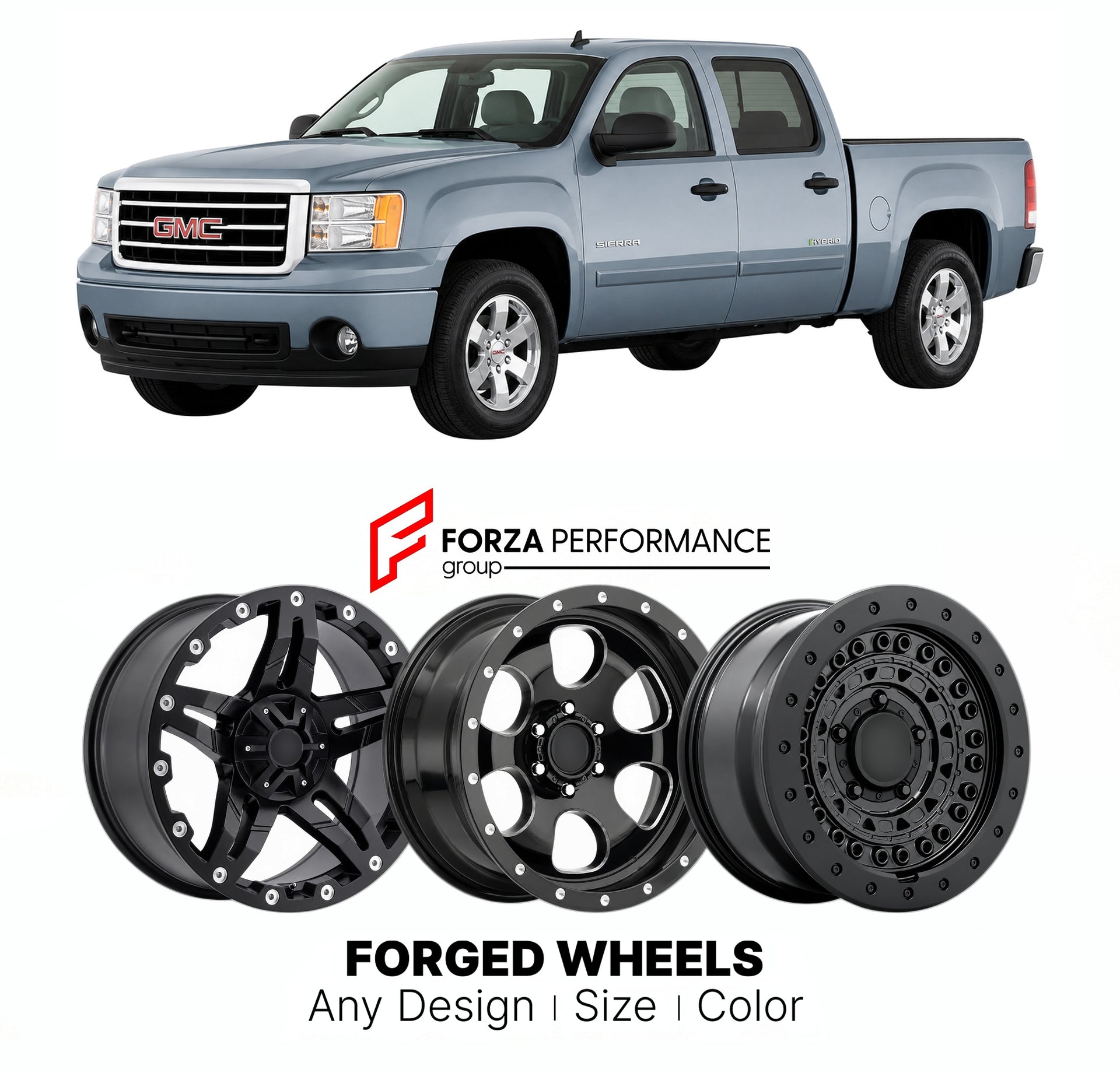 FORGED WHEELS RIMS for GMC SIERRA 1500 HYBRID GMT900 2007 - 2013

Custom forged wheels for GMC Sierra 1500 Hybrid GMT900 2007 - 2013. Made-to-order monoblock, 2-piece and 3-piece rims in custom sizes, offsets, colors and finishes with guaranteed fitment.

We manufacture premium quality forged wheels rims for GMC Sierra 1500 Hybrid GMT900 2007 - 2013 in any design, size, color.

THIS WHEEL DESIGN CAN BE CUSTOM-MADE FOR YOUR CAR IN ANY SIZE AND COLOR OPTIONS
Available in monoblock, 2-piece, 3-piece, duoblock,