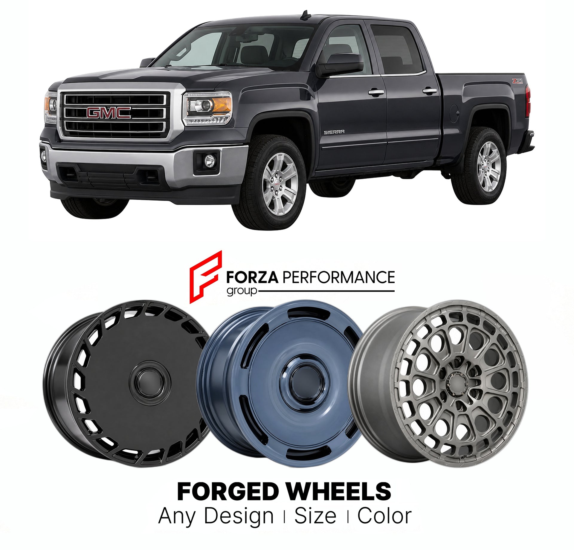 FORGED WHEELS RIMS for GMC SIERRA 1500 K2XX 2014 - 2018

Custom forged wheels for GMC Sierra 1500 K2XX 2014 - 2018. Made-to-order monoblock, 2-piece and 3-piece rims in custom sizes, offsets, colors and finishes with guaranteed fitment.

We manufacture premium quality forged wheels rims for GMC Sierra 1500 K2XX 2014 - 2018 in any design, size, color.

THIS WHEEL DESIGN CAN BE CUSTOM-MADE FOR YOUR CAR IN ANY SIZE AND COLOR OPTIONS
Available in monoblock, 2-piece, 3-piece, duoblock, beadlock
3D wheel renderin