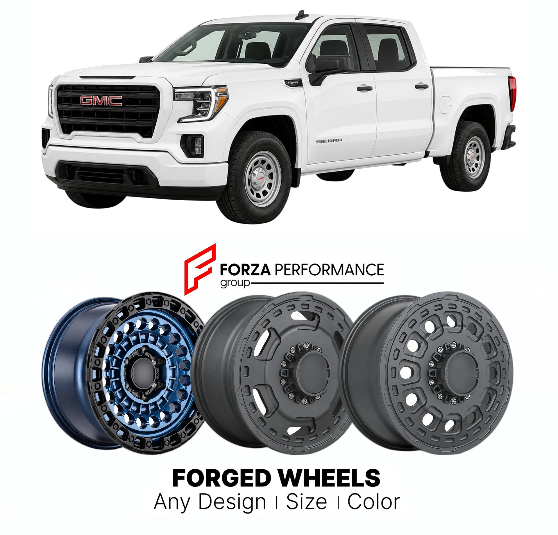 FORGED WHEELS RIMS for GMC SIERRA 1500 PRO T1XX 2019+

Custom forged wheels for GMC Sierra 1500 Pro T1XX 2019+. Made-to-order monoblock, 2-piece and 3-piece rims in custom sizes, offsets, colors and finishes with guaranteed fitment.

We manufacture premium quality forged wheels rims for GMC Sierra 1500 Pro T1XX 2019+ in any design, size, color.

THIS WHEEL DESIGN CAN BE CUSTOM-MADE FOR YOUR CAR IN ANY SIZE AND COLOR OPTIONS
Available in monoblock, 2-piece, 3-piece, duoblock, beadlock
3D wheel renderings are