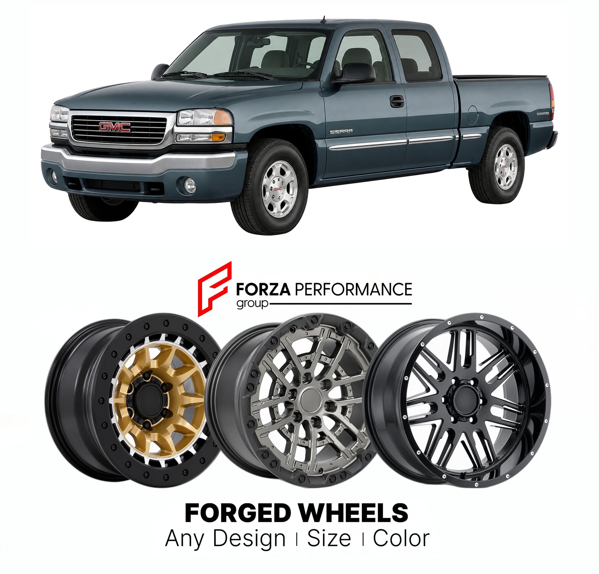 FORGED WHEELS RIMS for GMC SIERRA 1500 QUADRASTEER GMT800 1999 - 2007

Custom forged wheels for GMC Sierra 1500 Quadrasteer GMT800 1999 - 2007. Made-to-order monoblock, 2-piece and 3-piece rims in custom sizes, offsets, colors and finishes with guaranteed fitment.

We manufacture premium quality forged wheels rims for GMC Sierra 1500 Quadrasteer GMT800 1999 - 2007 in any design, size, color.

THIS WHEEL DESIGN CAN BE CUSTOM-MADE FOR YOUR CAR IN ANY SIZE AND COLOR OPTIONS
Available in monoblock, 2-piece, 3-p
