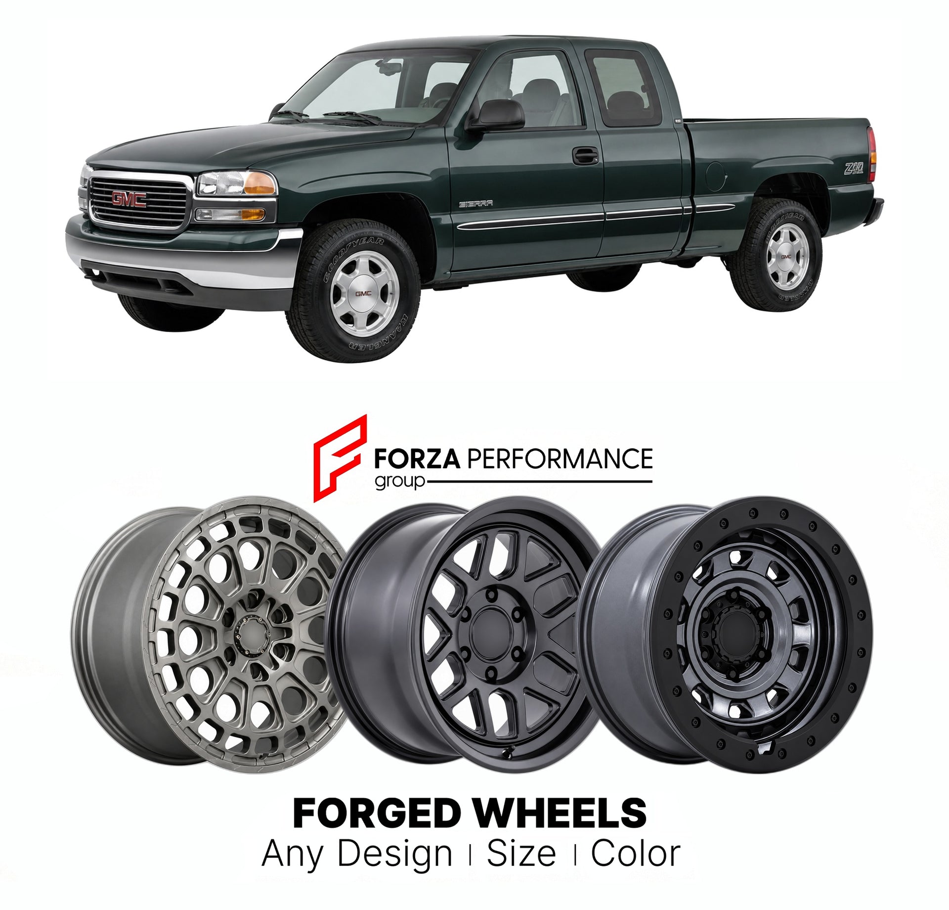 FORGED WHEELS RIMS for GMC SIERRA 1500 SLE GMT800 1999 - 2007

Custom forged wheels for GMC Sierra 1500 SLE GMT800 1999 - 2007. Made-to-order monoblock, 2-piece and 3-piece rims in custom sizes, offsets, colors and finishes with guaranteed fitment.

We manufacture premium quality forged wheels rims for GMC Sierra 1500 SLE GMT800 1999 - 2007 in any design, size, color.

THIS WHEEL DESIGN CAN BE CUSTOM-MADE FOR YOUR CAR IN ANY SIZE AND COLOR OPTIONS
Available in monoblock, 2-piece, 3-piece, duoblock, beadlock