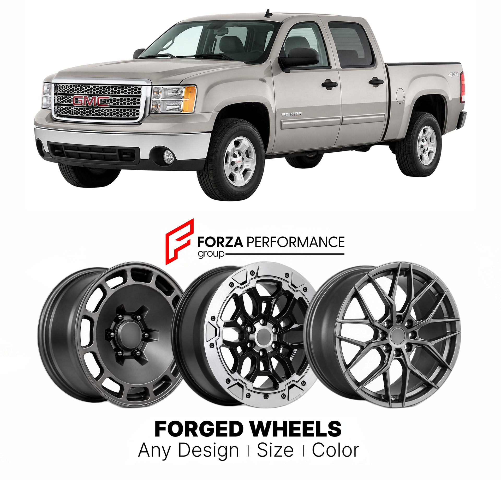 FORGED WHEELS RIMS for GMC SIERRA 1500 SLE GMT900 2007 - 2013

Custom forged wheels for GMC Sierra 1500 SLE GMT900 2007 - 2013. Made-to-order monoblock, 2-piece and 3-piece rims in custom sizes, offsets, colors and finishes with guaranteed fitment.

We manufacture premium quality forged wheels rims for GMC Sierra 1500 SLE GMT900 2007 - 2013 in any design, size, color.

THIS WHEEL DESIGN CAN BE CUSTOM-MADE FOR YOUR CAR IN ANY SIZE AND COLOR OPTIONS
Available in monoblock, 2-piece, 3-piece, duoblock, beadlock