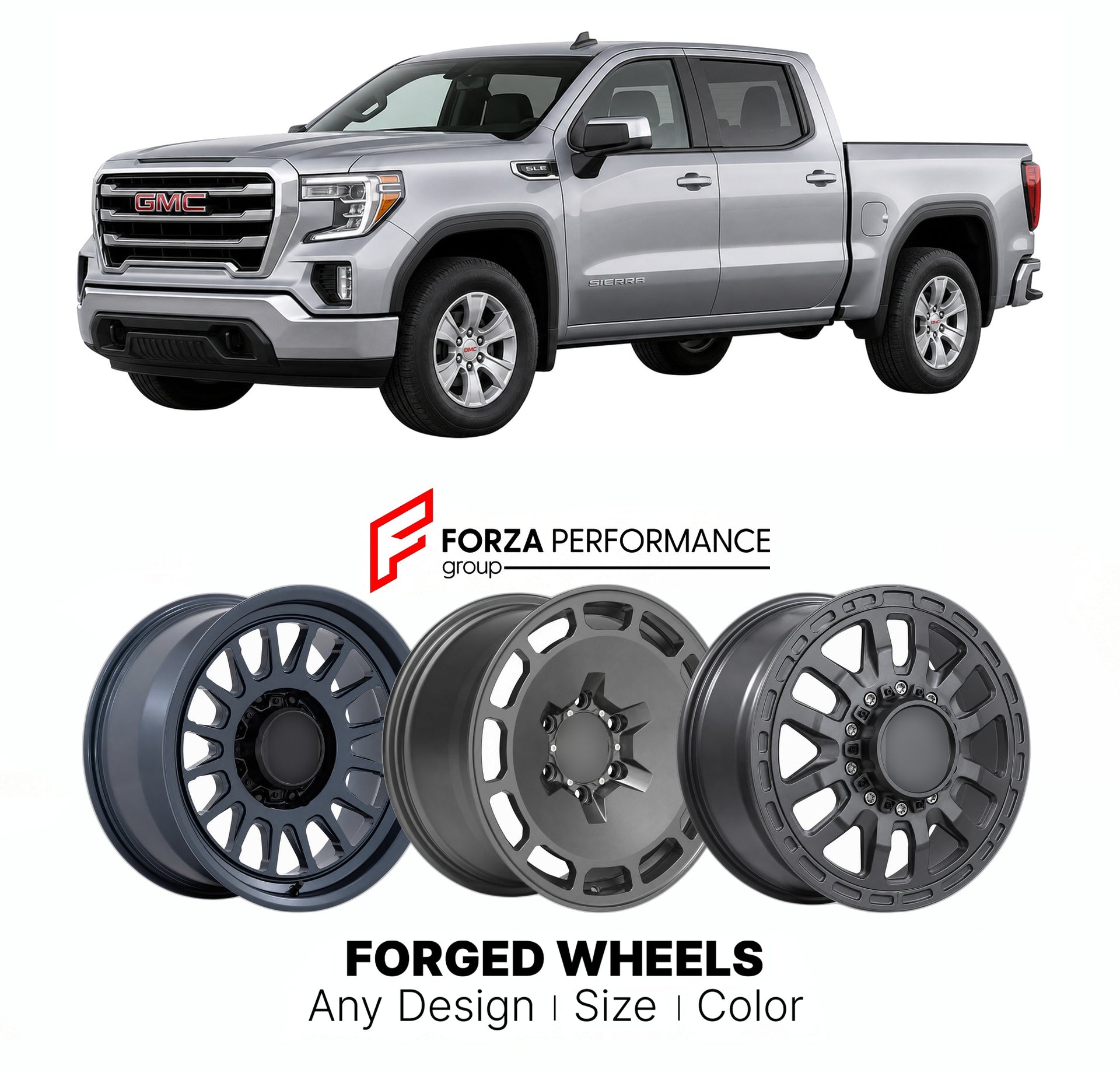 FORGED WHEELS RIMS for GMC SIERRA 1500 SLE T1XX 2019+

Custom forged wheels for GMC Sierra 1500 SLE T1XX 2019+. Made-to-order monoblock, 2-piece and 3-piece rims in custom sizes, offsets, colors and finishes with guaranteed fitment.

We manufacture premium quality forged wheels rims for GMC Sierra 1500 SLE T1XX 2019+ in any design, size, color.

THIS WHEEL DESIGN CAN BE CUSTOM-MADE FOR YOUR CAR IN ANY SIZE AND COLOR OPTIONS
Available in monoblock, 2-piece, 3-piece, duoblock, beadlock
3D wheel renderings are