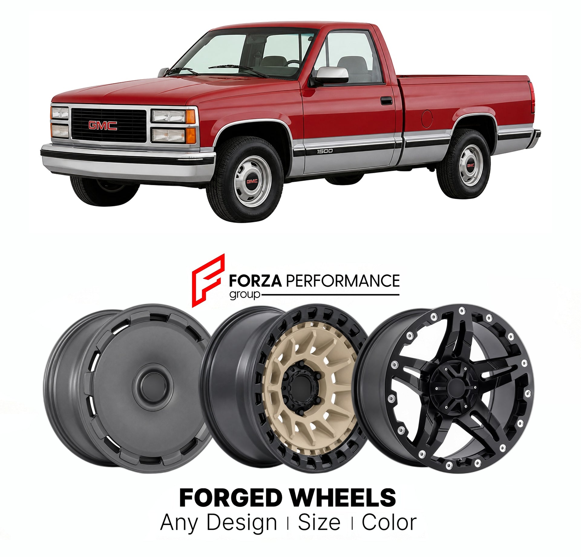 FORGED WHEELS RIMS for GMC SIERRA 1500 SLT GMT400 1990 - 1998

Custom forged wheels for GMC Sierra 1500 SLT GMT400 1990 - 1998. Made-to-order monoblock, 2-piece and 3-piece rims in custom sizes, offsets, colors and finishes with guaranteed fitment.

We manufacture premium quality forged wheels rims for GMC Sierra 1500 SLT GMT400 1990 - 1998 in any design, size, color.

THIS WHEEL DESIGN CAN BE CUSTOM-MADE FOR YOUR CAR IN ANY SIZE AND COLOR OPTIONS
Available in monoblock, 2-piece, 3-piece, duoblock, beadlock