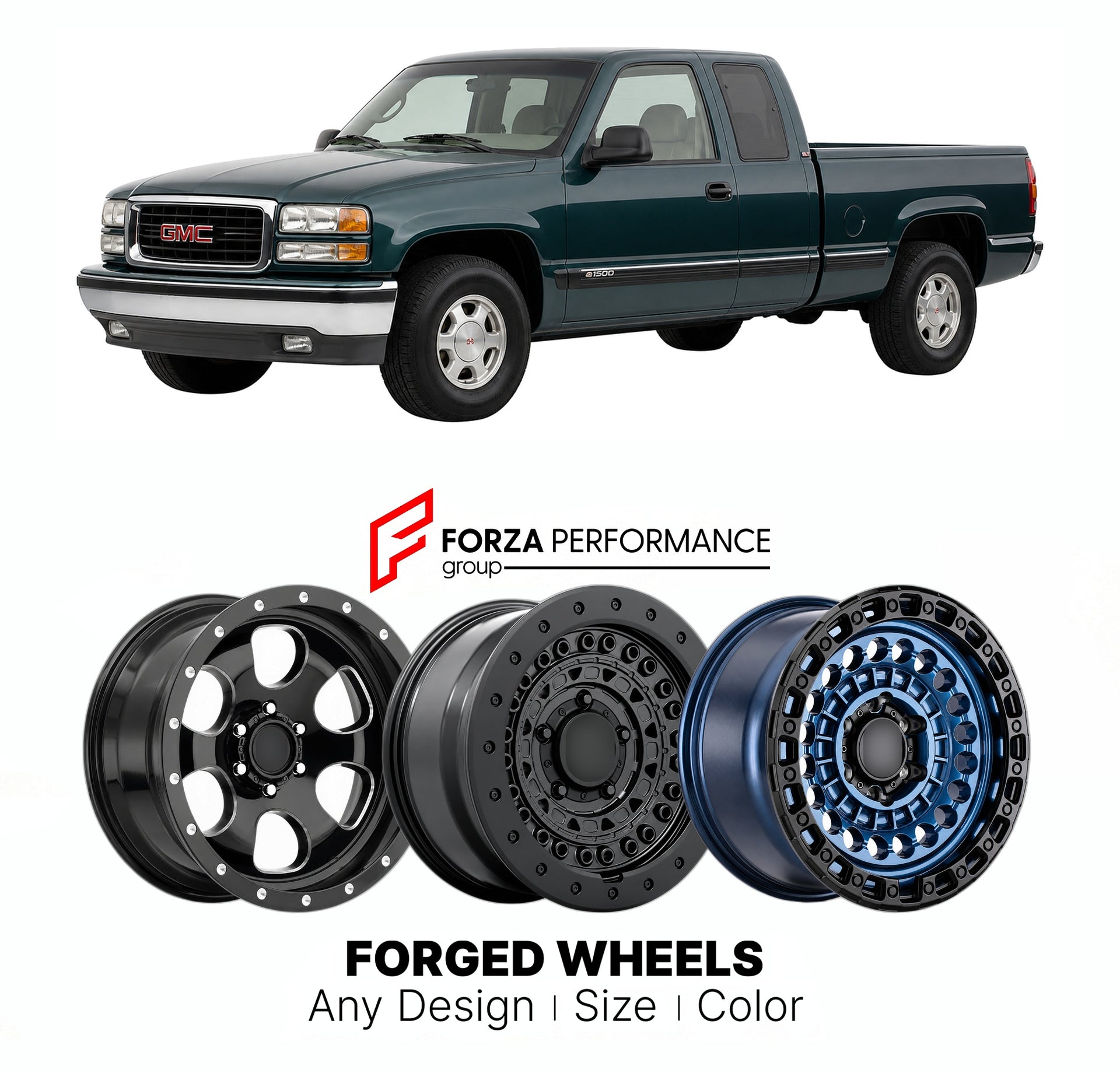 FORGED WHEELS RIMS for GMC SIERRA 1500 SLT GMT800 1999 - 2007

Custom forged wheels for GMC Sierra 1500 SLT GMT800 1999 - 2007. Made-to-order monoblock, 2-piece and 3-piece rims in custom sizes, offsets, colors and finishes with guaranteed fitment.

We manufacture premium quality forged wheels rims for GMC Sierra 1500 SLT GMT800 1999 - 2007 in any design, size, color.

THIS WHEEL DESIGN CAN BE CUSTOM-MADE FOR YOUR CAR IN ANY SIZE AND COLOR OPTIONS
Available in monoblock, 2-piece, 3-piece, duoblock, beadlock