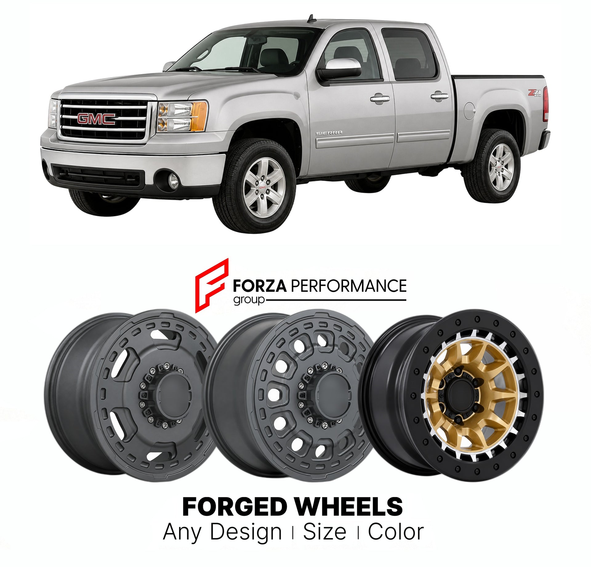 FORGED WHEELS RIMS for GMC SIERRA 1500 SLT GMT900 2007 - 2013

Custom forged wheels for GMC Sierra 1500 SLT GMT900 2007 - 2013. Made-to-order monoblock, 2-piece and 3-piece rims in custom sizes, offsets, colors and finishes with guaranteed fitment.

We manufacture premium quality forged wheels rims for GMC Sierra 1500 SLT GMT900 2007 - 2013 in any design, size, color.

THIS WHEEL DESIGN CAN BE CUSTOM-MADE FOR YOUR CAR IN ANY SIZE AND COLOR OPTIONS
Available in monoblock, 2-piece, 3-piece, duoblock, beadlock