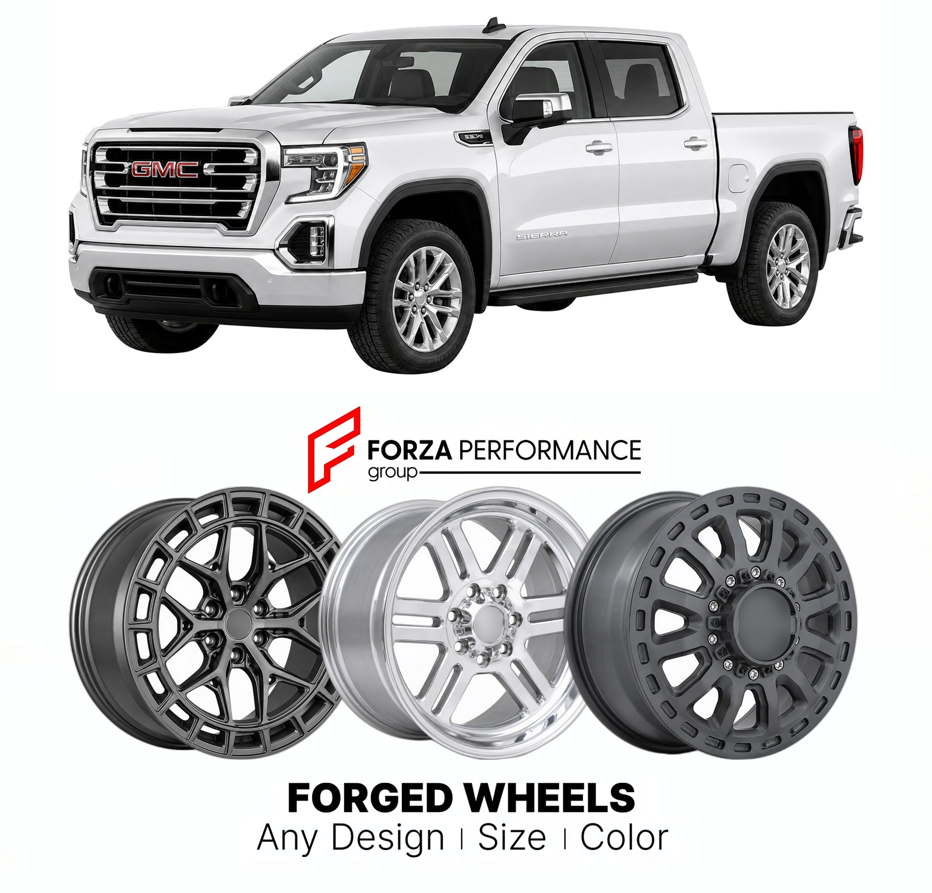 FORGED WHEELS RIMS for GMC SIERRA 1500 SLT T1XX 2019+

Custom forged wheels for GMC Sierra 1500 SLT T1XX 2019+. Made-to-order monoblock, 2-piece and 3-piece rims in custom sizes, offsets, colors and finishes with guaranteed fitment.

We manufacture premium quality forged wheels rims for GMC Sierra 1500 SLT T1XX 2019+ in any design, size, color.

THIS WHEEL DESIGN CAN BE CUSTOM-MADE FOR YOUR CAR IN ANY SIZE AND COLOR OPTIONS
Available in monoblock, 2-piece, 3-piece, duoblock, beadlock
3D wheel renderings are
