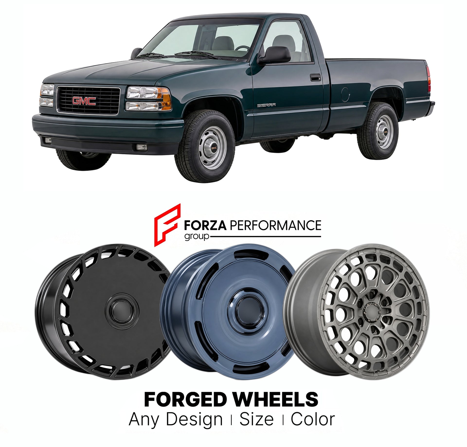 FORGED WHEELS RIMS for GMC SIERRA 1500 WORK TRUCK GMT800 1999 - 2007

Custom forged wheels for GMC Sierra 1500 Work Truck GMT800 1999 - 2007. Made-to-order monoblock, 2-piece and 3-piece rims in custom sizes, offsets, colors and finishes with guaranteed fitment.

We manufacture premium quality forged wheels rims for GMC Sierra 1500 Work Truck GMT800 1999 - 2007 in any design, size, color.

THIS WHEEL DESIGN CAN BE CUSTOM-MADE FOR YOUR CAR IN ANY SIZE AND COLOR OPTIONS
Available in monoblock, 2-piece, 3-piec