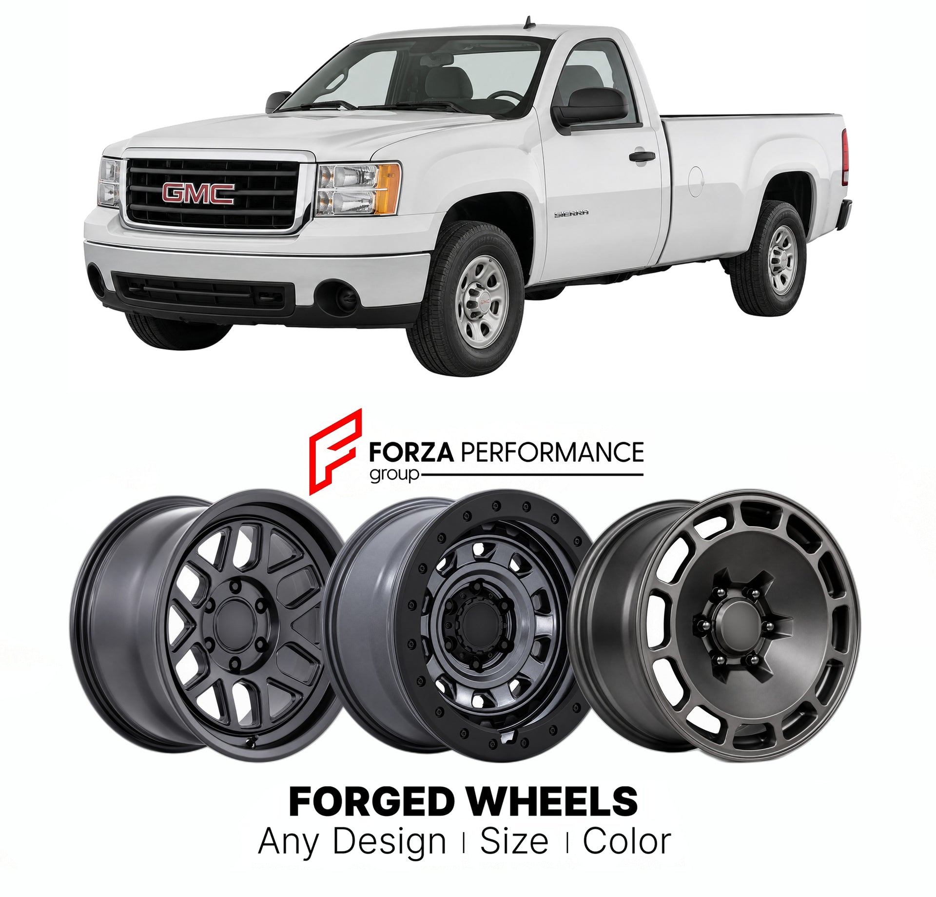 FORGED WHEELS RIMS for GMC SIERRA 1500 WORK TRUCK GMT900 2007 - 2013

Custom forged wheels for GMC Sierra 1500 Work Truck GMT900 2007 - 2013. Made-to-order monoblock, 2-piece and 3-piece rims in custom sizes, offsets, colors and finishes with guaranteed fitment.

We manufacture premium quality forged wheels rims for GMC Sierra 1500 Work Truck GMT900 2007 - 2013 in any design, size, color.

THIS WHEEL DESIGN CAN BE CUSTOM-MADE FOR YOUR CAR IN ANY SIZE AND COLOR OPTIONS
Available in monoblock, 2-piece, 3-piec