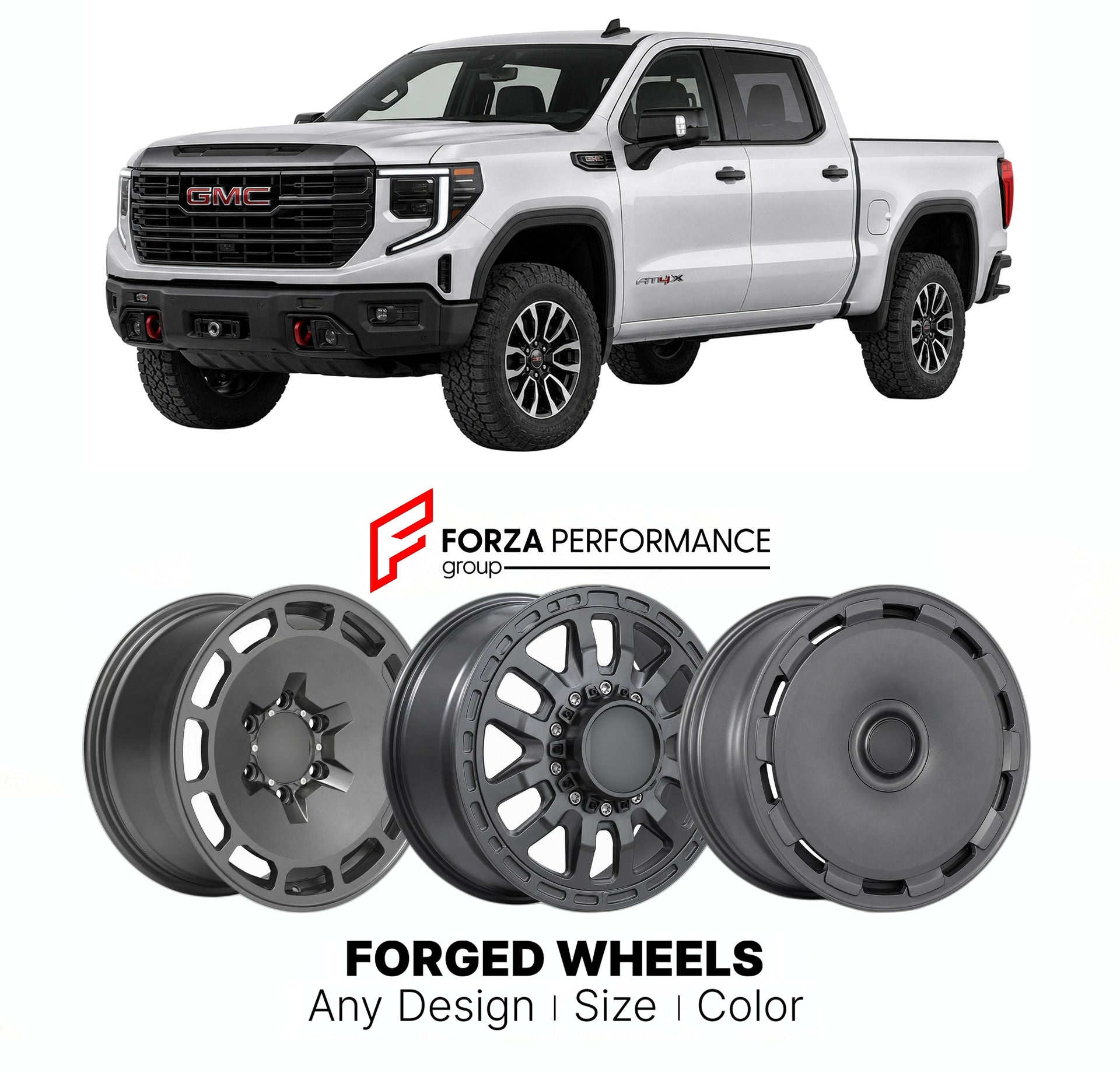 FORGED WHEELS RIMS for GMC SIERRA AT4X T1XX OFF-ROAD TRIM 2022+

Custom forged wheels for GMC Sierra AT4X T1XX Off-Road Trim 2022+. Made-to-order monoblock, 2-piece and 3-piece rims in custom sizes, offsets, colors and finishes with guaranteed fitment.

We manufacture premium quality forged wheels rims for GMC Sierra AT4X T1XX Off-Road Trim 2022+ in any design, size, color.

THIS WHEEL DESIGN CAN BE CUSTOM-MADE FOR YOUR CAR IN ANY SIZE AND COLOR OPTIONS
Available in monoblock, 2-piece, 3-piece, duoblock, be