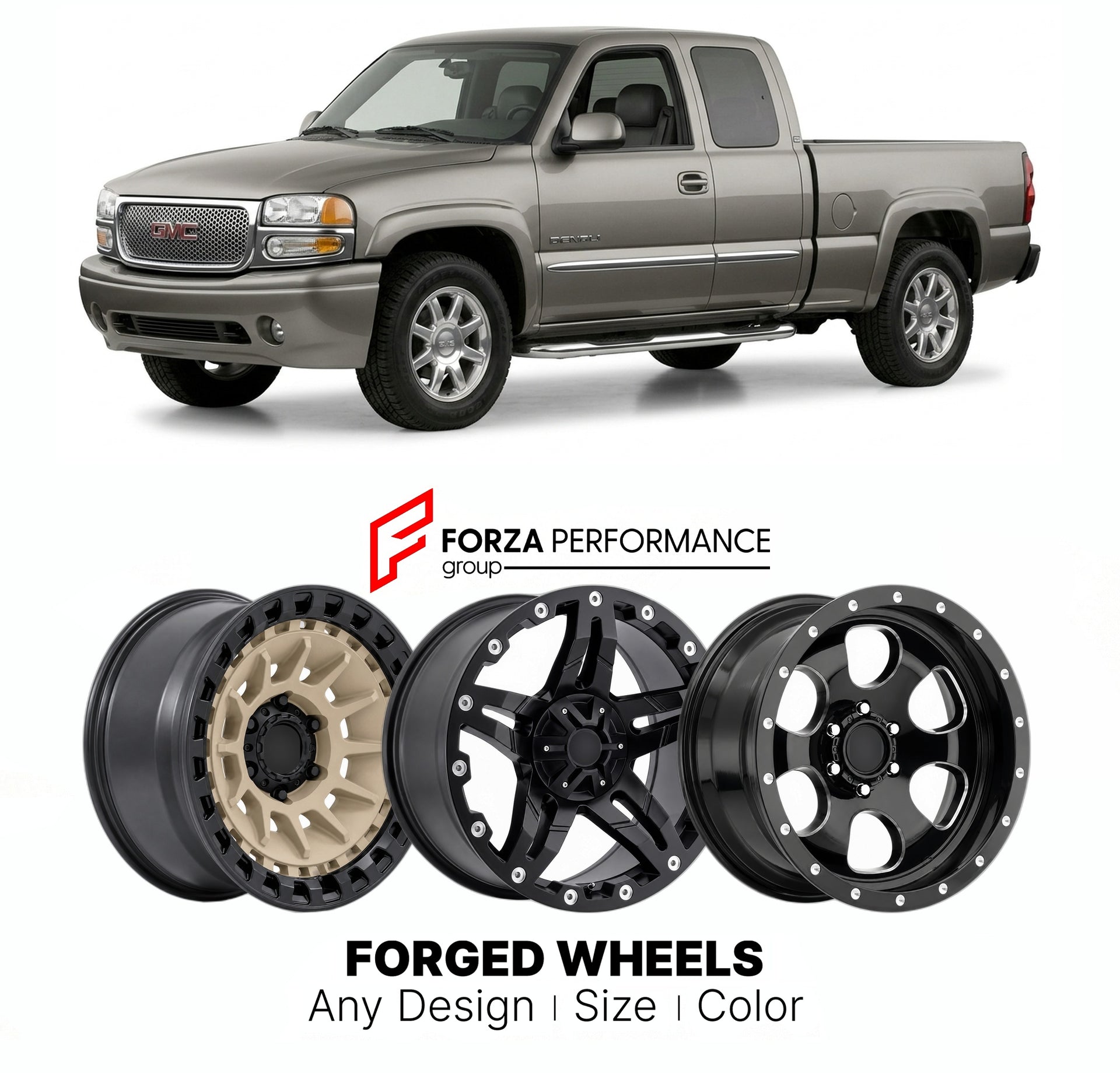 FORGED WHEELS RIMS for GMC SIERRA DENALI 2002 - 2024

Custom forged wheels for GMC Sierra Denali 2002 - 2024. Made-to-order monoblock, 2-piece and 3-piece rims in custom sizes, offsets, colors and finishes with guaranteed fitment.

We manufacture premium quality forged wheels rims for GMC Sierra Denali 2002 - 2024 in any design, size, color.

THIS WHEEL DESIGN CAN BE CUSTOM-MADE FOR YOUR CAR IN ANY SIZE AND COLOR OPTIONS
Available in monoblock, 2-piece, 3-piece, duoblock, beadlock
3D wheel renderings are pr