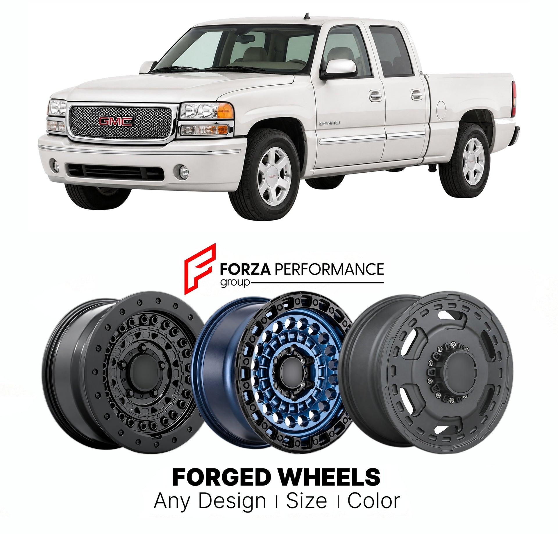 FORGED WHEELS RIMS for GMC SIERRA DENALI FULL-SIZE PICKUP 2002+

Custom forged wheels for GMC Sierra Denali Full-Size Pickup 2002+. Made-to-order monoblock, 2-piece and 3-piece rims in custom sizes, offsets, colors and finishes with guaranteed fitment.

We manufacture premium quality forged wheels rims for GMC Sierra Denali Full-Size Pickup 2002+ in any design, size, color.

THIS WHEEL DESIGN CAN BE CUSTOM-MADE FOR YOUR CAR IN ANY SIZE AND COLOR OPTIONS
Available in monoblock, 2-piece, 3-piece, duoblock, be