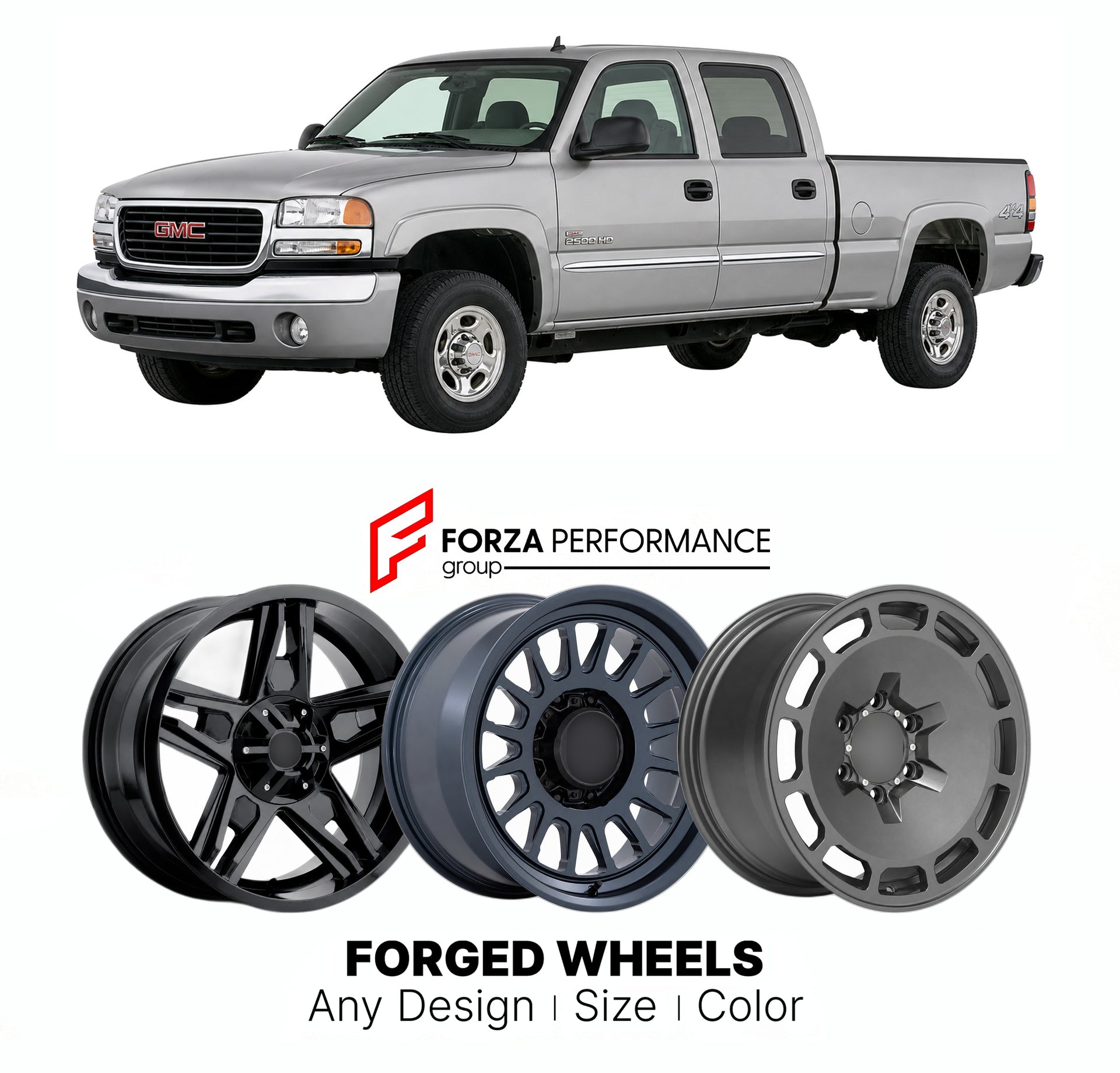 FORGED WHEELS RIMS for GMC SIERRA HD 2500HD GMT800 GMT900 2001 - 2014

Custom forged wheels for GMC Sierra HD 2500HD GMT800 GMT900 2001 - 2014. Made-to-order monoblock, 2-piece and 3-piece rims in custom sizes, offsets, colors and finishes with guaranteed fitment.

We manufacture premium quality forged wheels rims for GMC Sierra HD 2500HD GMT800 GMT900 2001 - 2014 in any design, size, color.

THIS WHEEL DESIGN CAN BE CUSTOM-MADE FOR YOUR CAR IN ANY SIZE AND COLOR OPTIONS
Available in monoblock, 2-piece, 3-p