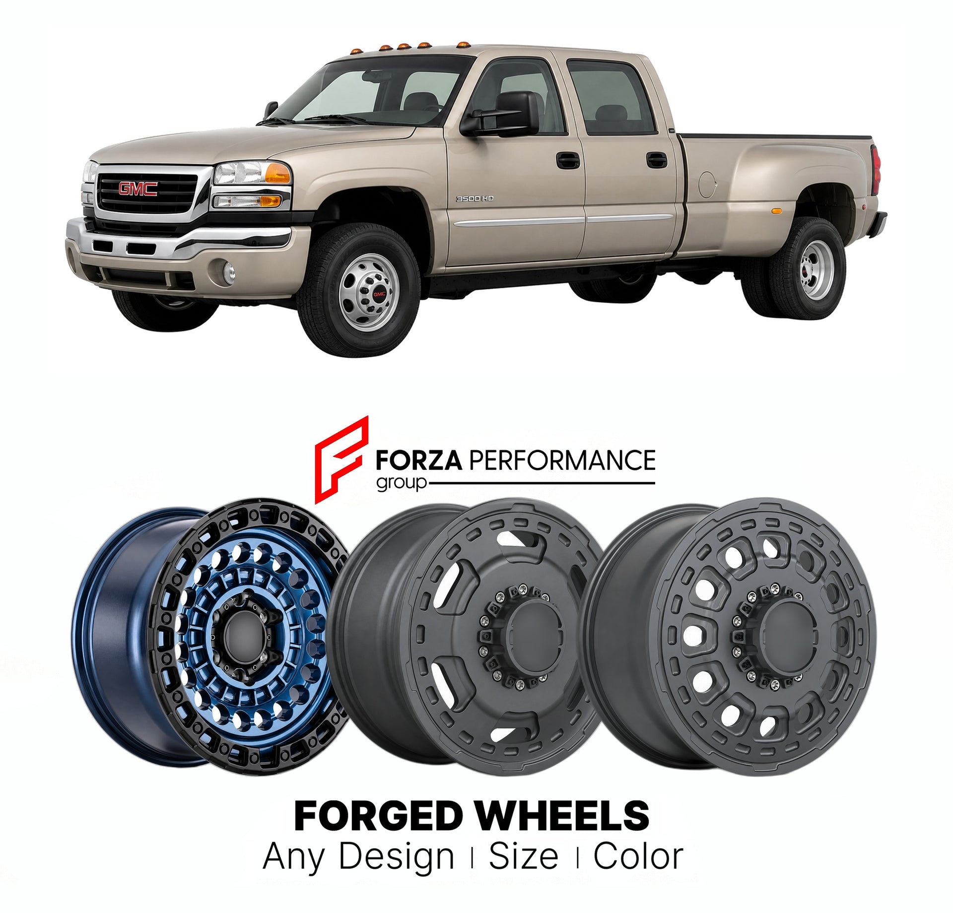 FORGED WHEELS RIMS for GMC SIERRA HD 3500HD GMT800 GMT900 2001 - 2014

Custom forged wheels for GMC Sierra HD 3500HD GMT800 GMT900 2001 - 2014. Made-to-order monoblock, 2-piece and 3-piece rims in custom sizes, offsets, colors and finishes with guaranteed fitment.

We manufacture premium quality forged wheels rims for GMC Sierra HD 3500HD GMT800 GMT900 2001 - 2014 in any design, size, color.

THIS WHEEL DESIGN CAN BE CUSTOM-MADE FOR YOUR CAR IN ANY SIZE AND COLOR OPTIONS
Available in monoblock, 2-piece, 3-p
