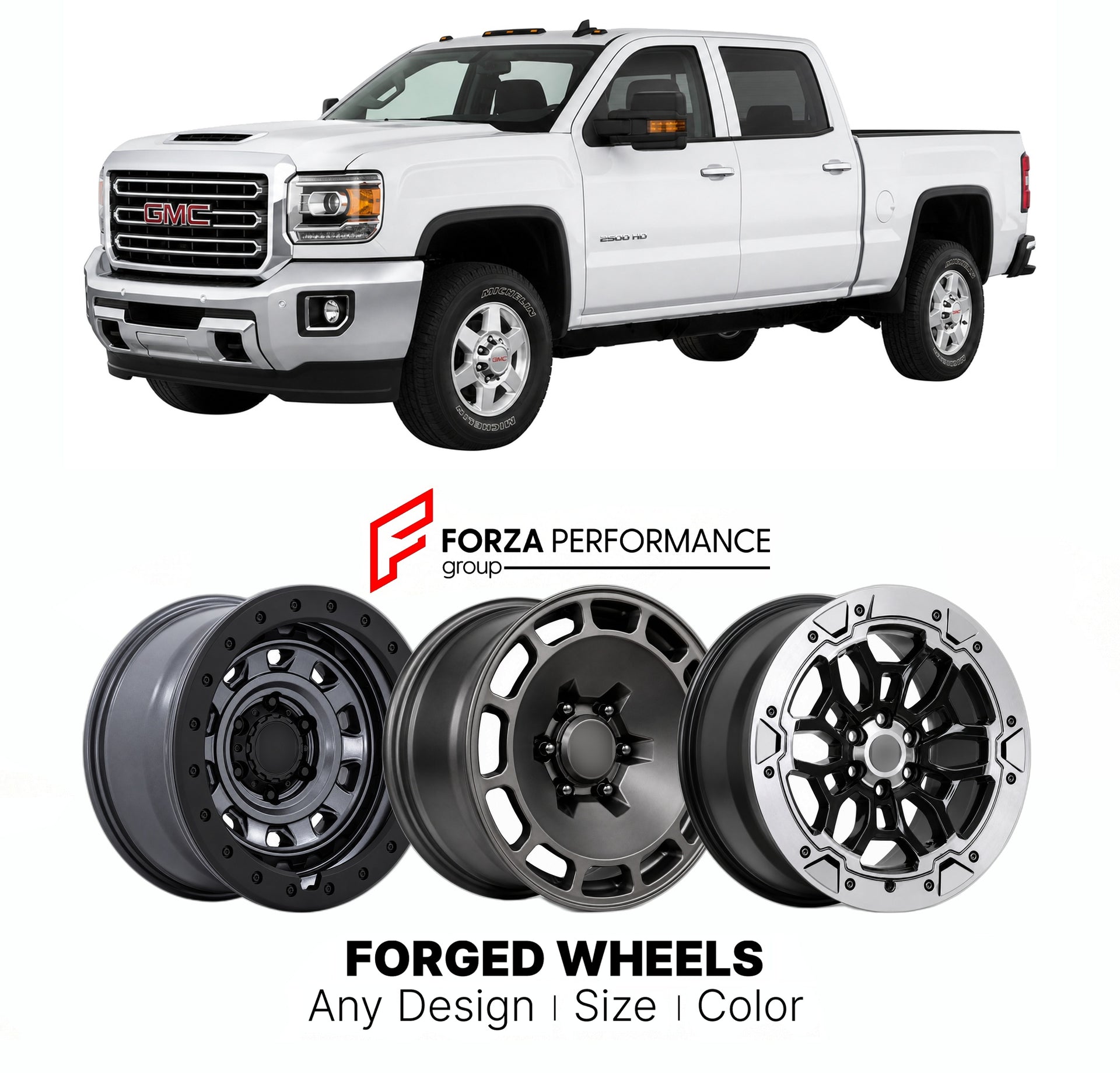 FORGED WHEELS RIMS for GMC SIERRA HD K2XX 2015 - 2019

Custom forged wheels for GMC Sierra HD K2XX 2015 - 2019. Made-to-order monoblock, 2-piece and 3-piece rims in custom sizes, offsets, colors and finishes with guaranteed fitment.

We manufacture premium quality forged wheels rims for GMC Sierra HD K2XX 2015 - 2019 in any design, size, color.

THIS WHEEL DESIGN CAN BE CUSTOM-MADE FOR YOUR CAR IN ANY SIZE AND COLOR OPTIONS
Available in monoblock, 2-piece, 3-piece, duoblock, beadlock
3D wheel renderings are