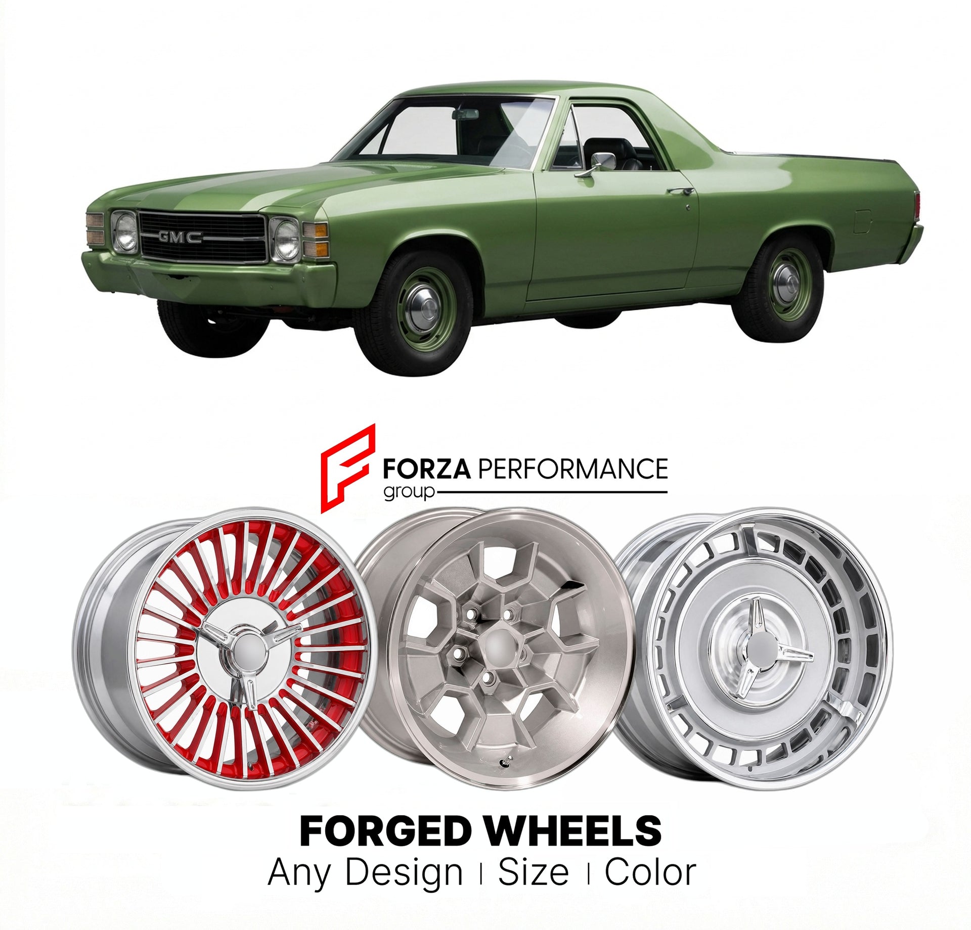 CUSTOM CLASSIC VINTAGE RESTOMOD RETRO OLD SCHOOL FORGED WHEELS RIMS for GMC SPRINT 1971 - 1977
Custom forged wheels for classic American muscle cars. Ideal for restomod builds, vintage restorations, and show cars. Deep dish and retro styling available.

We manufacture premium quality forged wheels rims for GMC Sprint 1971 - 1977 in any design, size, color.

THIS WHEEL DESIGN CAN BE CUSTOM-MADE FOR YOUR CAR IN ANY SIZE AND COLOR OPTIONS
Available in monoblock, 2-piece, 3-piece, duoblock, beadlock
3D wheel re