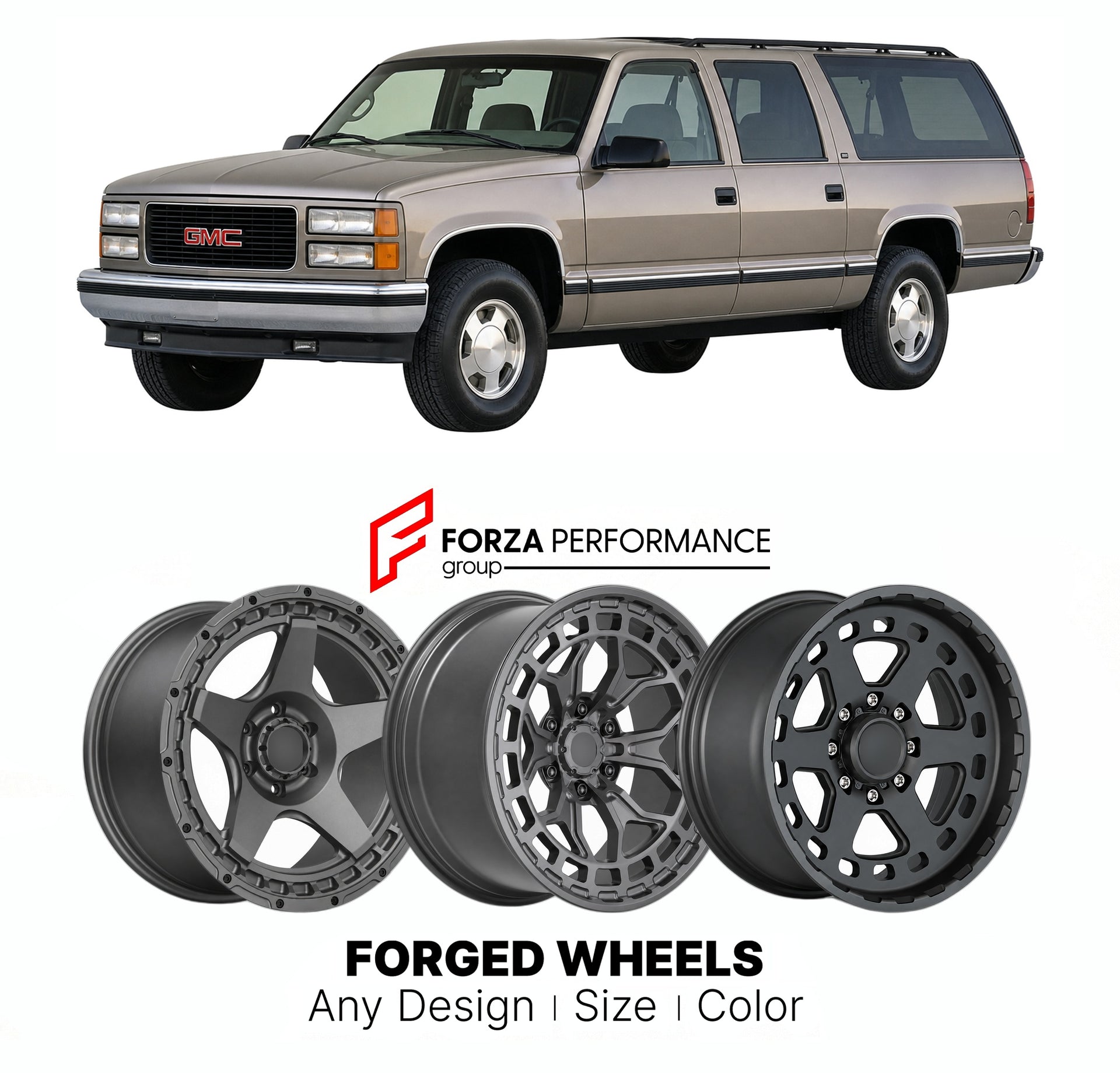 FORGED WHEELS RIMS for GMC SUBURBAN GMT400 1990 - 1999

Custom forged wheels for GMC Suburban GMT400 1990 - 1999. Made-to-order monoblock, 2-piece and 3-piece rims in custom sizes, offsets, colors and finishes with guaranteed fitment.

We manufacture premium quality forged wheels rims for GMC Suburban GMT400 1990 - 1999 in any design, size, color.

THIS WHEEL DESIGN CAN BE CUSTOM-MADE FOR YOUR CAR IN ANY SIZE AND COLOR OPTIONS
Available in monoblock, 2-piece, 3-piece, duoblock, beadlock
3D wheel renderings 