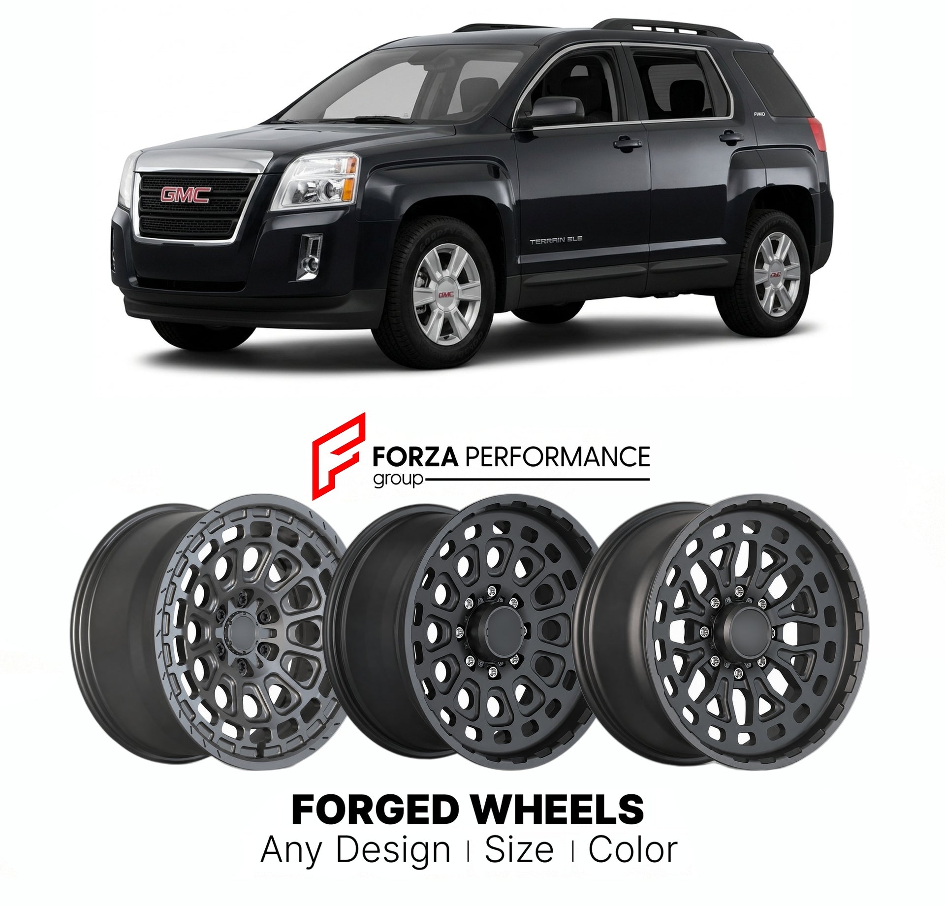 FORGED WHEELS RIMS for GMC TERRAIN 2010 - 2017

Custom forged wheels for GMC Terrain 2010 - 2017. Made-to-order monoblock, 2-piece and 3-piece rims in custom sizes, offsets, colors and finishes with guaranteed fitment.

We manufacture premium quality forged wheels rims for GMC Terrain 2010 - 2017 in any design, size, color.

THIS WHEEL DESIGN CAN BE CUSTOM-MADE FOR YOUR CAR IN ANY SIZE AND COLOR OPTIONS
Available in monoblock, 2-piece, 3-piece, duoblock, beadlock
3D wheel renderings are provided according t