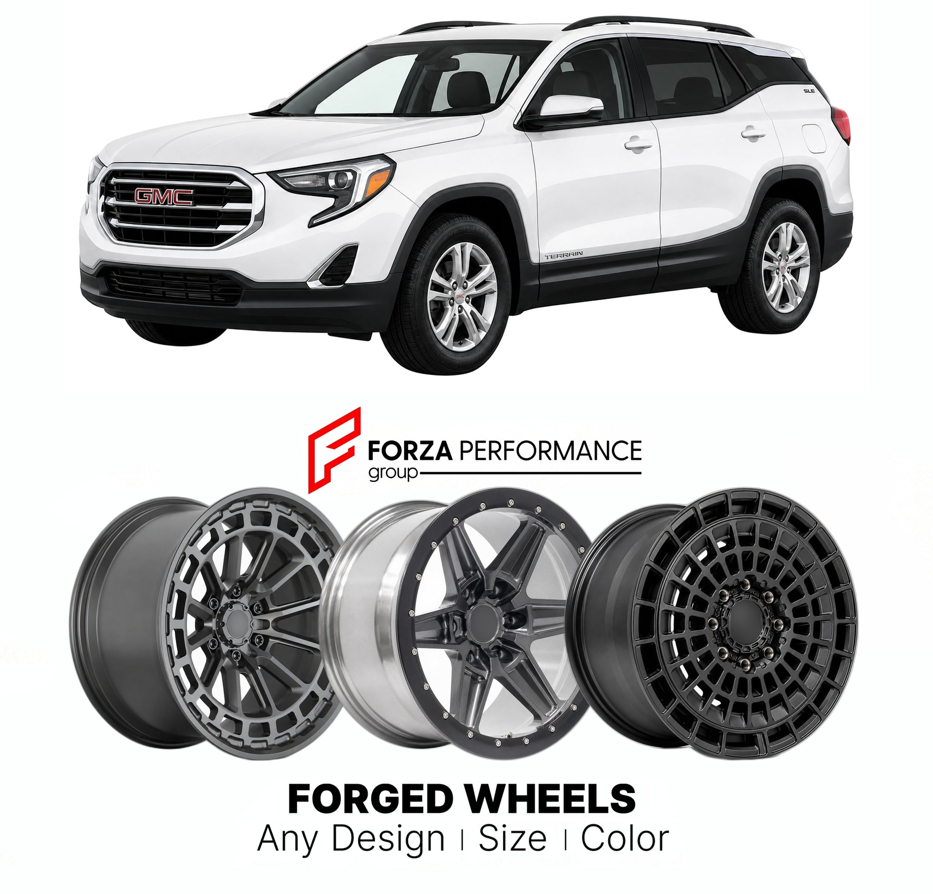 FORGED WHEELS RIMS for GMC TERRAIN 2018 - 2024

Custom forged wheels for GMC Terrain 2018 - 2024. Made-to-order monoblock, 2-piece and 3-piece rims in custom sizes, offsets, colors and finishes with guaranteed fitment.

We manufacture premium quality forged wheels rims for GMC Terrain 2018 - 2024 in any design, size, color.

THIS WHEEL DESIGN CAN BE CUSTOM-MADE FOR YOUR CAR IN ANY SIZE AND COLOR OPTIONS
Available in monoblock, 2-piece, 3-piece, duoblock, beadlock
3D wheel renderings are provided according t