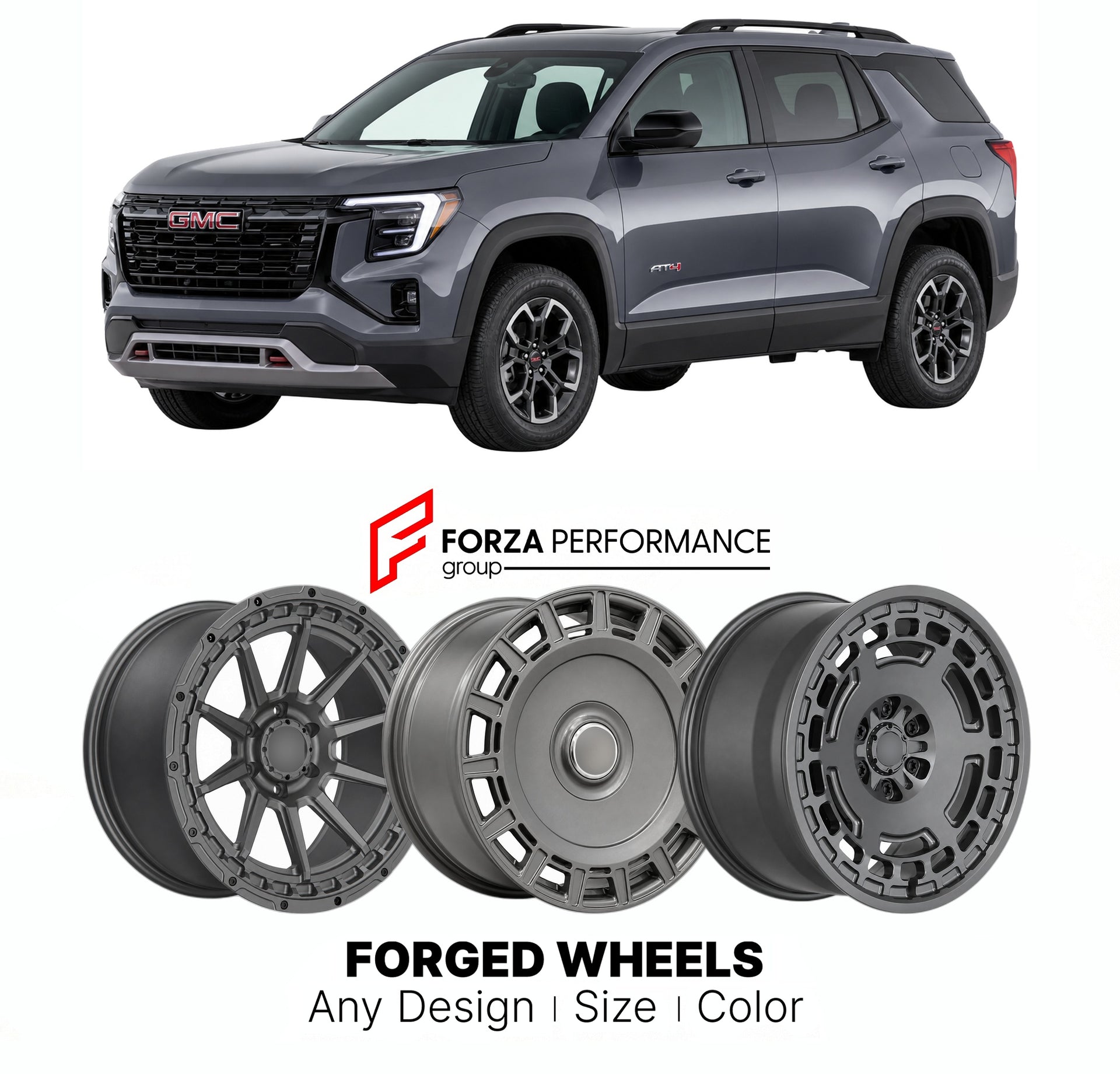 FORGED WHEELS RIMS for GMC TERRAIN AT4 2010+

Custom forged wheels for GMC Terrain AT4 2010+. Made-to-order monoblock, 2-piece and 3-piece rims in custom sizes, offsets, colors and finishes with guaranteed fitment.

We manufacture premium quality forged wheels rims for GMC Terrain AT4 2010+ in any design, size, color.

THIS WHEEL DESIGN CAN BE CUSTOM-MADE FOR YOUR CAR IN ANY SIZE AND COLOR OPTIONS
Available in monoblock, 2-piece, 3-piece, duoblock, beadlock
3D wheel renderings are provided according to the 