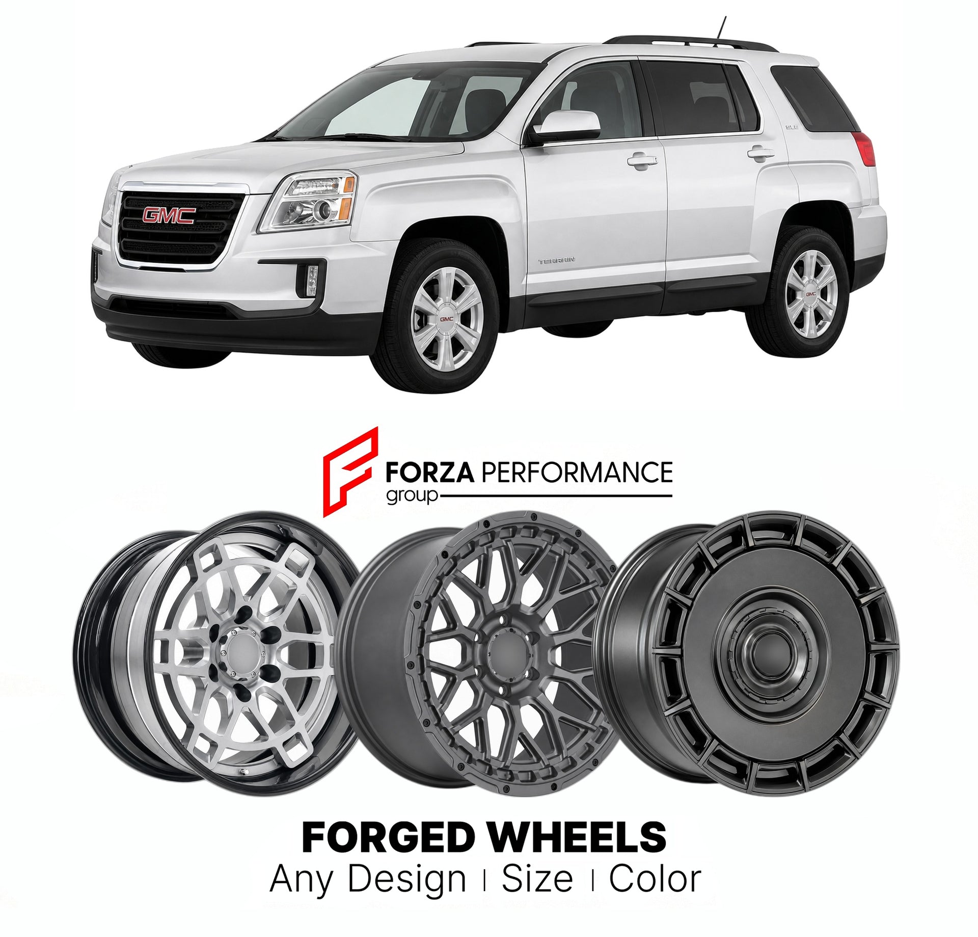 FORGED WHEELS RIMS for GMC TERRAIN SLE 2010+

Custom forged wheels for GMC Terrain SLE 2010+. Made-to-order monoblock, 2-piece and 3-piece rims in custom sizes, offsets, colors and finishes with guaranteed fitment.

We manufacture premium quality forged wheels rims for GMC Terrain SLE 2010+ in any design, size, color.

THIS WHEEL DESIGN CAN BE CUSTOM-MADE FOR YOUR CAR IN ANY SIZE AND COLOR OPTIONS
Available in monoblock, 2-piece, 3-piece, duoblock, beadlock
3D wheel renderings are provided according to the 